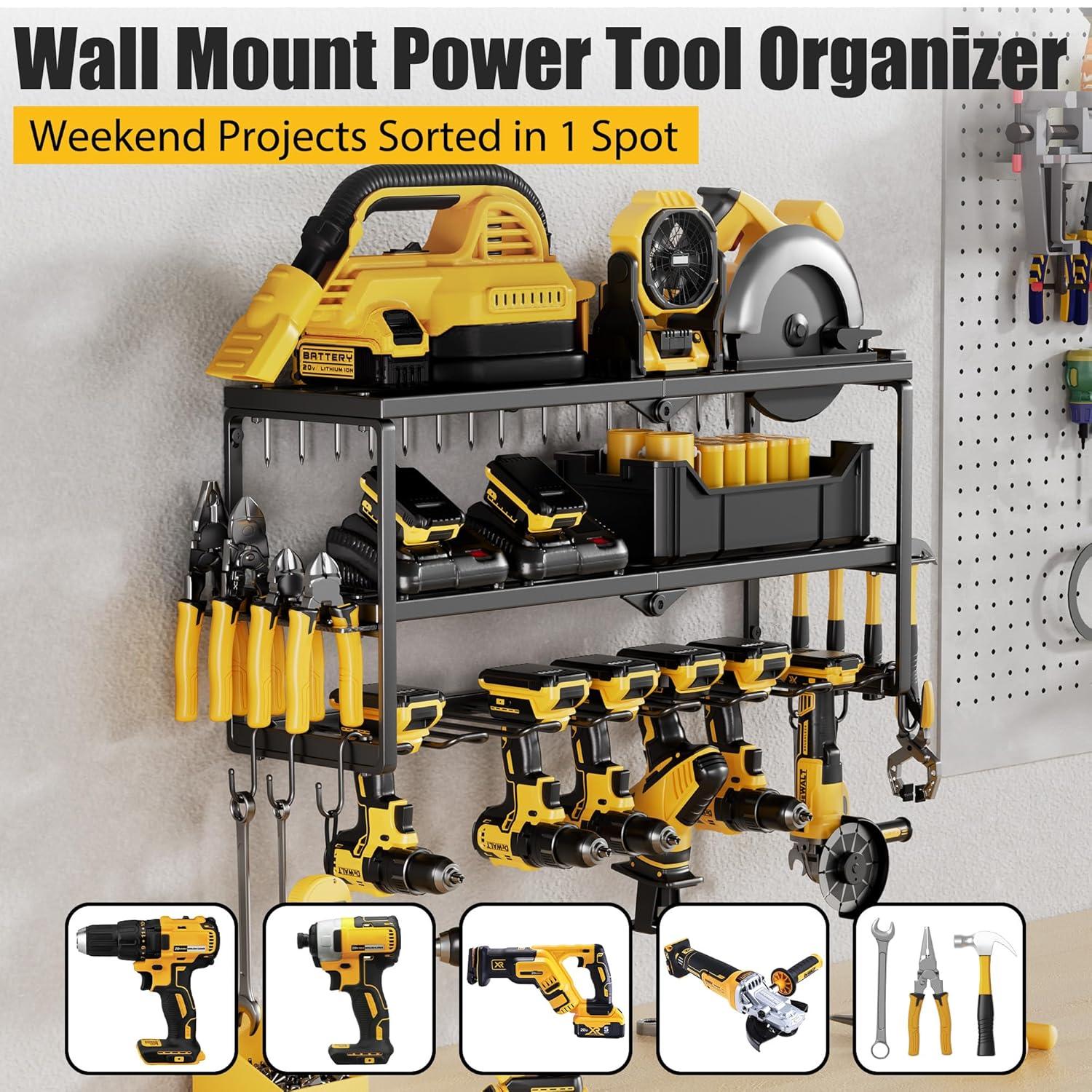 Power Tool Organizer, 7 Drill Holder for Tool Organizer, Storage and Organization for Garage, Heavy Duty Metal Tool Shelf Utility Rack for Cordless Power Tools Suitable for Pegboard/Workshop