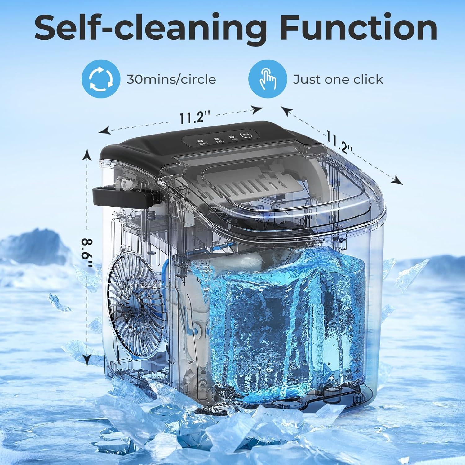 R.W.FLAME Ice Makers Countertop with Handle,26.5Lbs/24H,9 Cubes in 6 Mins,2 Sizes of Bullet Ice,Portable Ice Maker Machine with Self-Cleaning, green