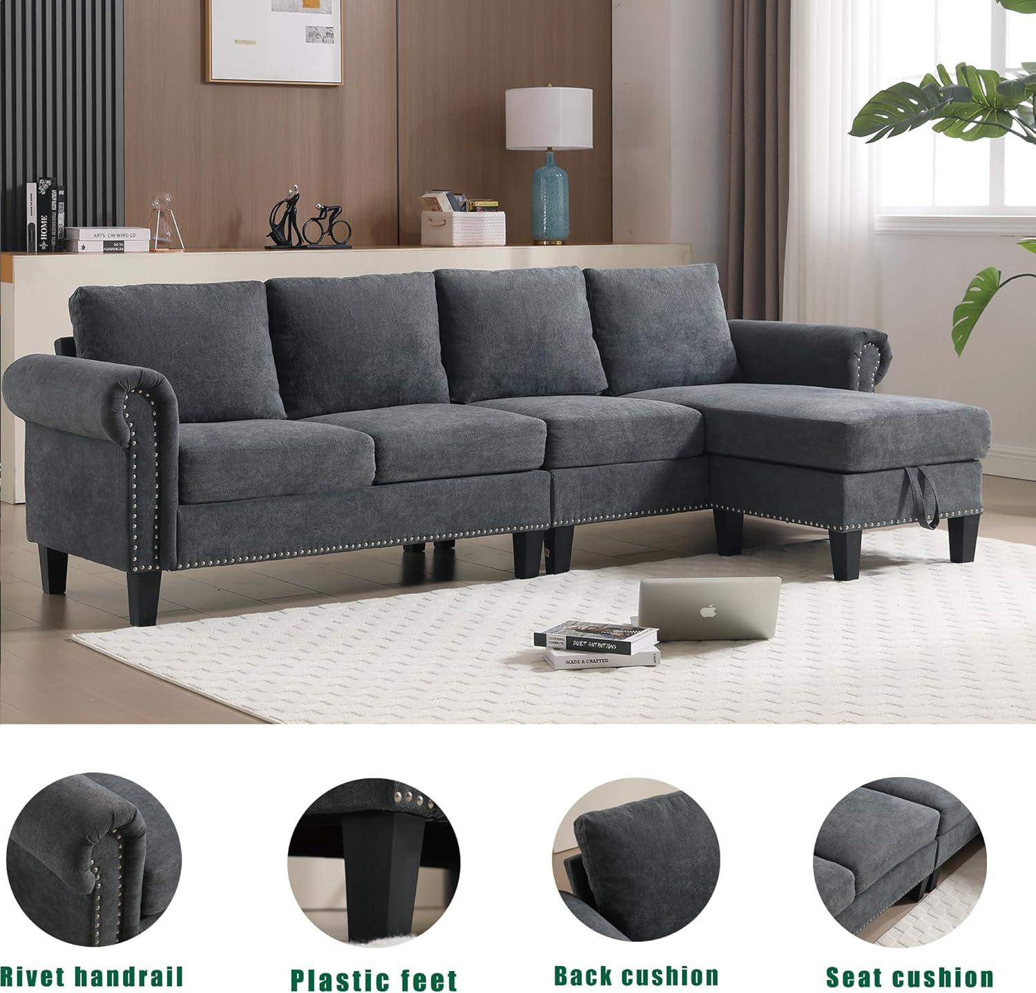 Gray Velvet L-Shaped Sectional Sofa with Storage Ottoman