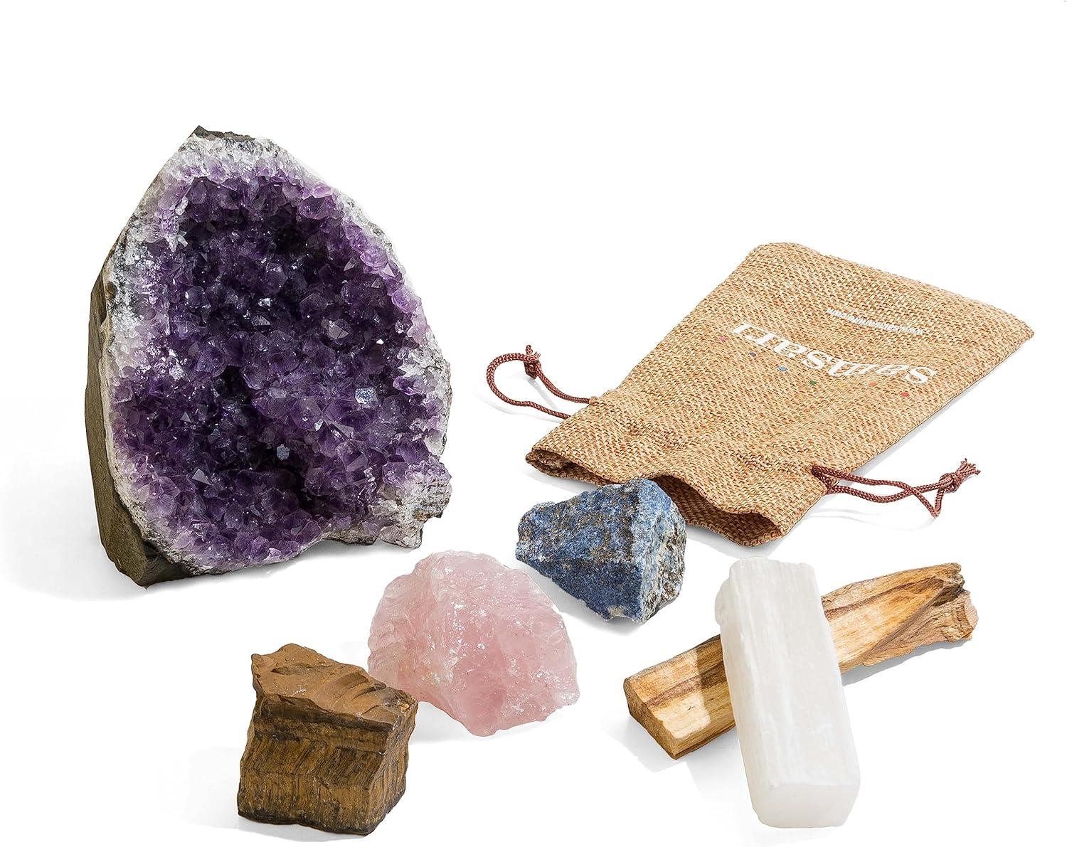 SAMSARI X-Large Amethyst Geode (2 lb to 3 lb) + Anti-Anxiety Set (Tiger Eye, Lapis Lazuli, Rose Quartz, Selenite), A Palo Santo Stick, and A Fabric Bag