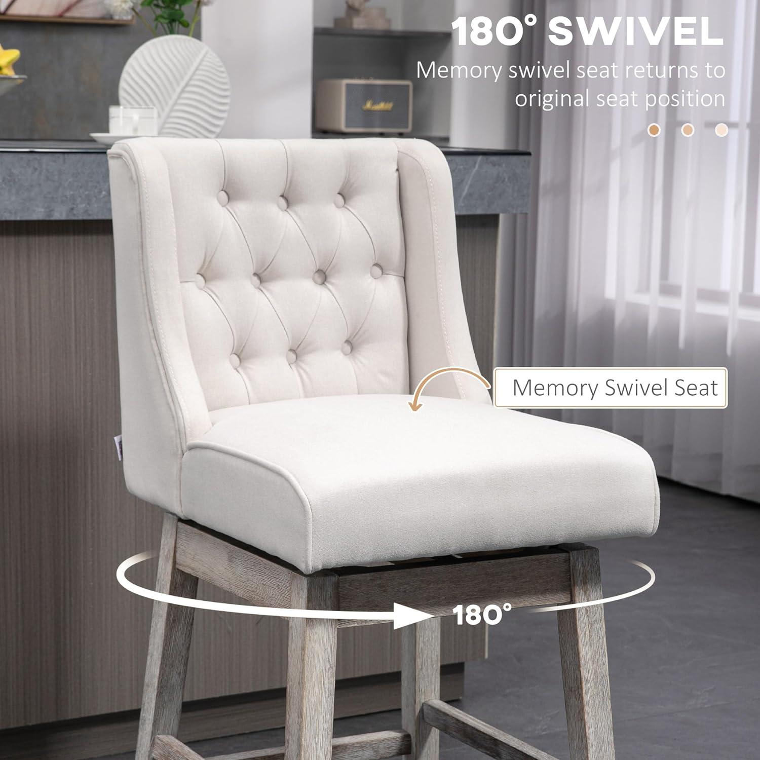 DeeHome Bar Height Bar Stools Set of 2, 180 Degree Swivel Barstools, 30" Seat Height Bar Chairs with Solid Wood Footrests and Button Tufted Design, Beige