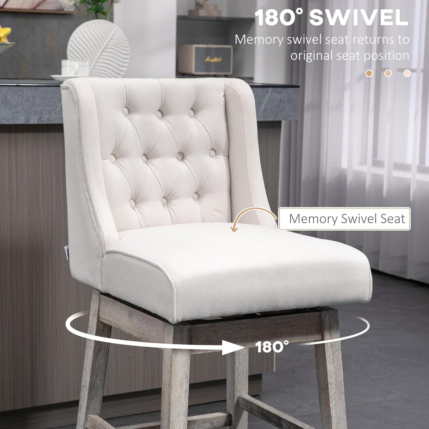 HOMCOM Counter Height Bar Stools Set of 2, 180 Degree Swivel Barstools, 27" Seat Height Bar Chairs with Solid Wood Footrests and Button Tufted Design, Beige