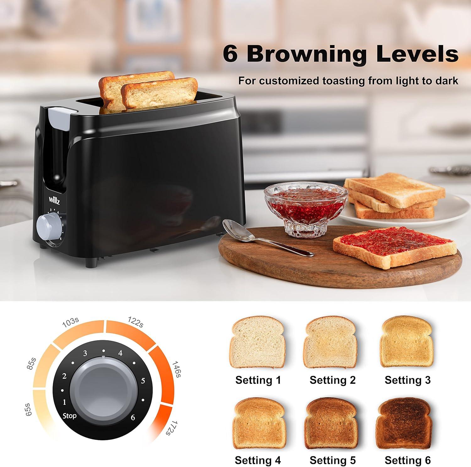 Willz 2-Slice Toaster, Extra Wide Slot with 6 Browning Levels, Small Toaster for Bread, Removable Crumb Tray, Auto Shut-off & Easy Clean, Black