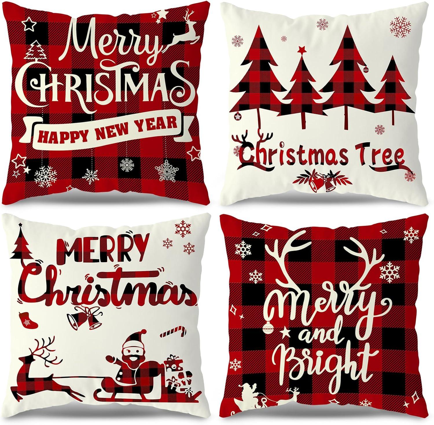 Christmas Pillow Covers 18x18 Set of 4 - Red Black Buffalo Check Plaid Decor - Indoor Outdoor Xmas Throw Pillow Cases for Sofa Couch