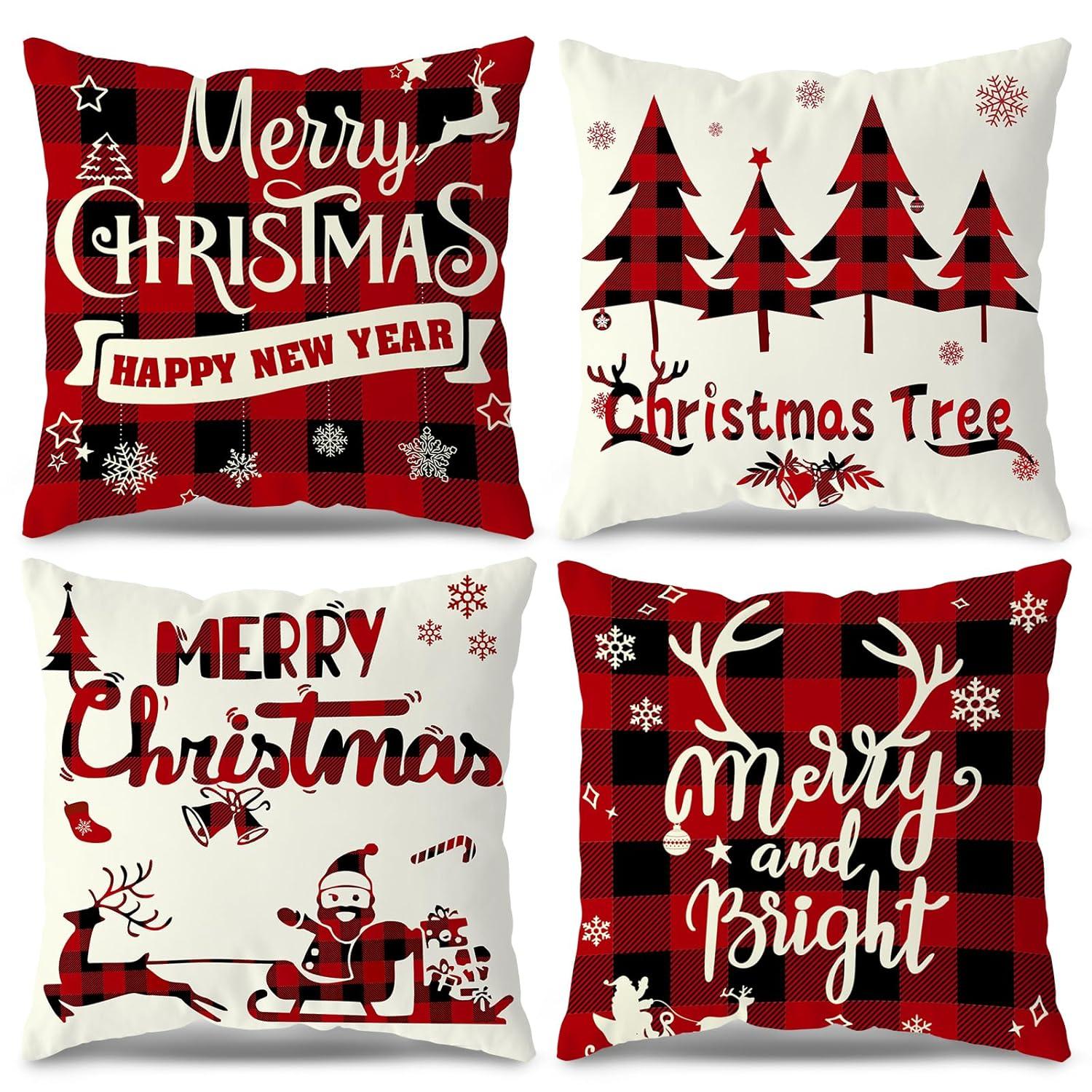 Christmas Pillow Covers 18x18 Set of 4 - Red Black Buffalo Check Plaid Decor - Indoor Outdoor Xmas Throw Pillow Cases for Sofa Couch