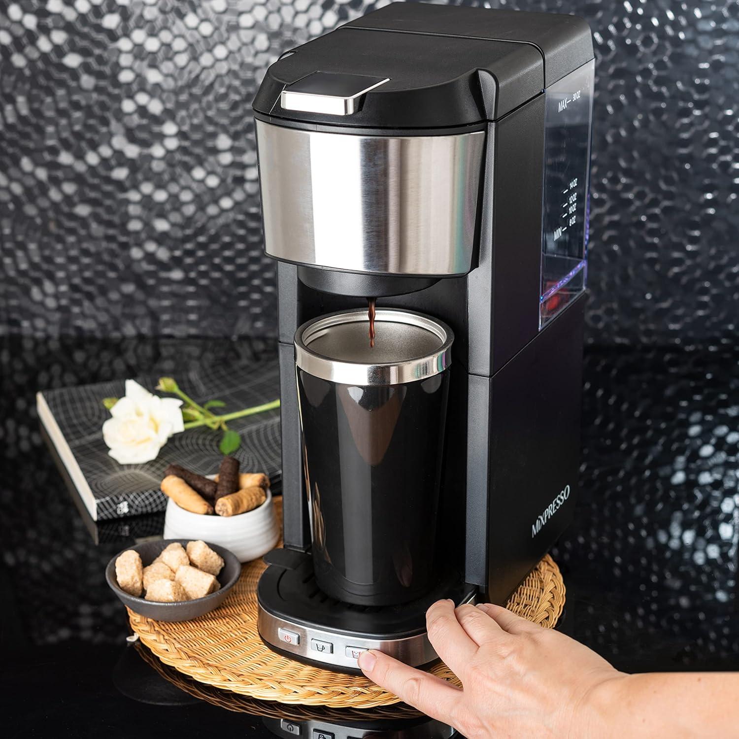 Mixpresso Coffee Maker Single Serve For Ground Coffee & Compatible With K Cup Pods, With 14oz Travel Mug & Reusable Filter For Home, Office & Camping, 30oz Removable Water Tank.