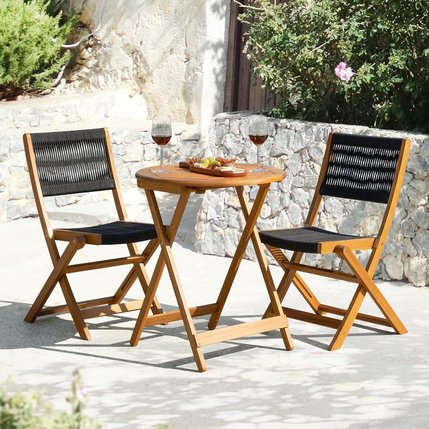 Acacia Wood and Black Rope Outdoor Bistro Set, 3-Piece