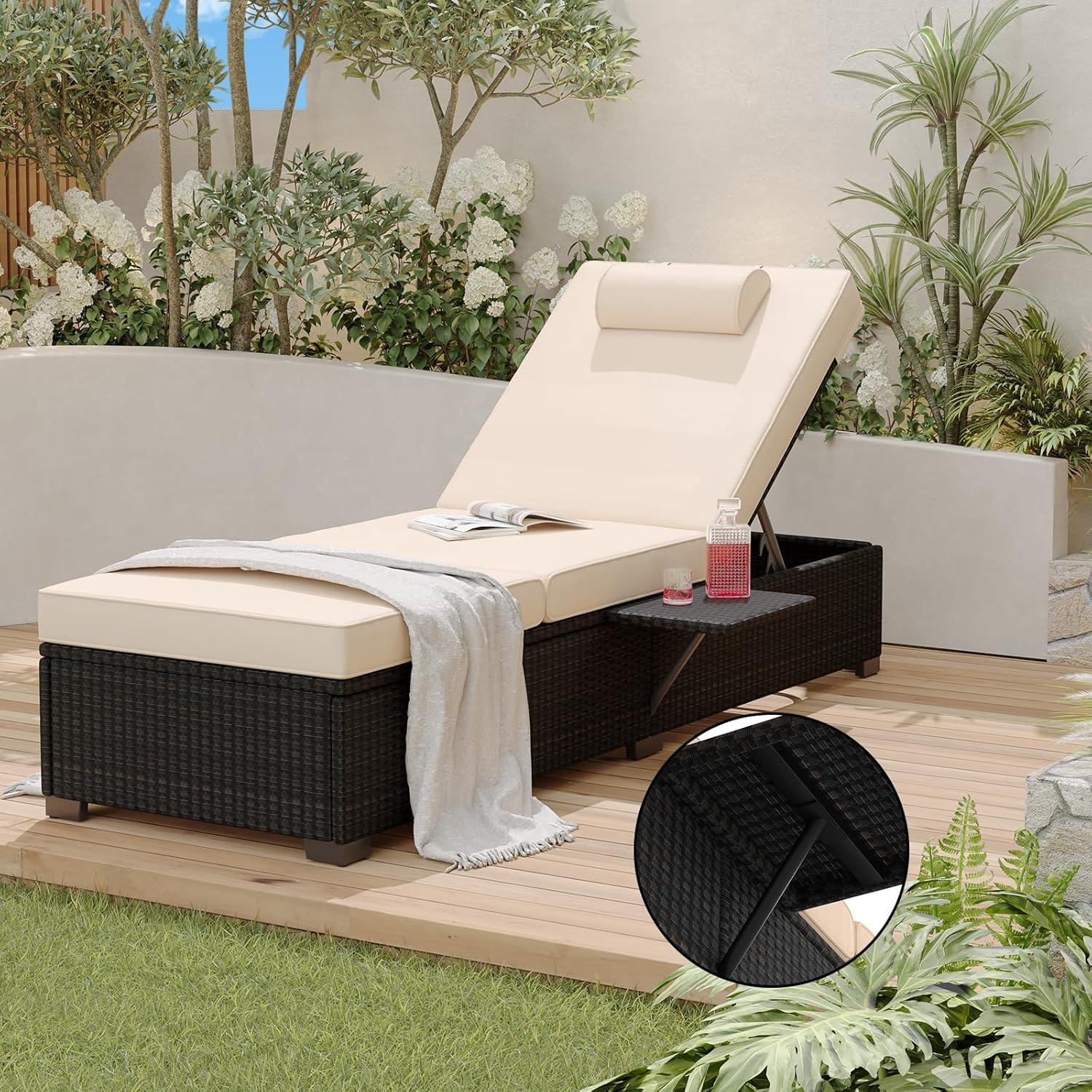 Lounge Chairs Outdoor Set of 2, PE Rattan Chaise Lounge Chair with 5-Position Adjustable Backrest for Patio Beach Pool Deck Backyard, Beige