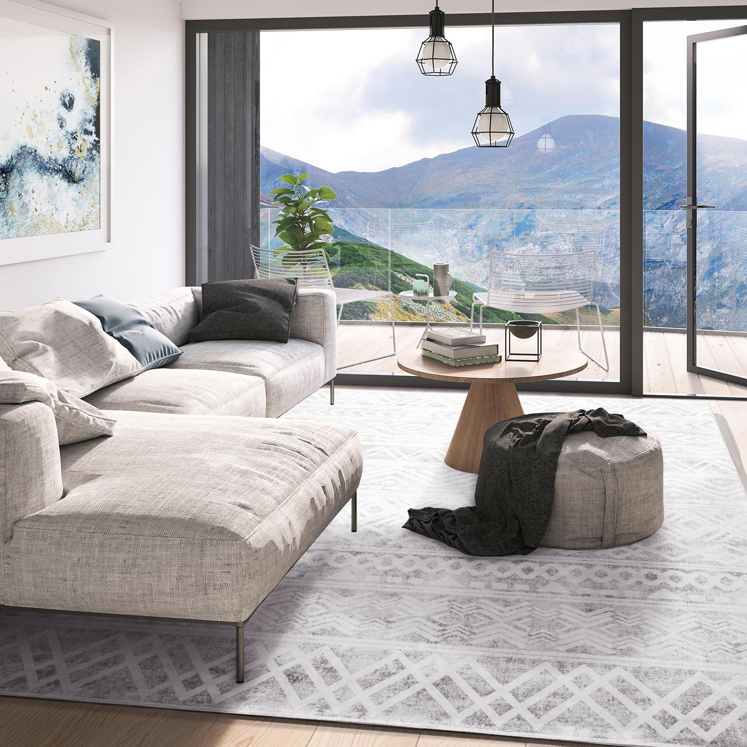 5'x7' Area Rugs for Living Room Machine Washable Rug Boho Geometric Indoor Area Rug Neutral Moroccan Style Ultra Soft Foldable Non-Slip Bedroom Rug Dining Room Office Modern Carpet Grey