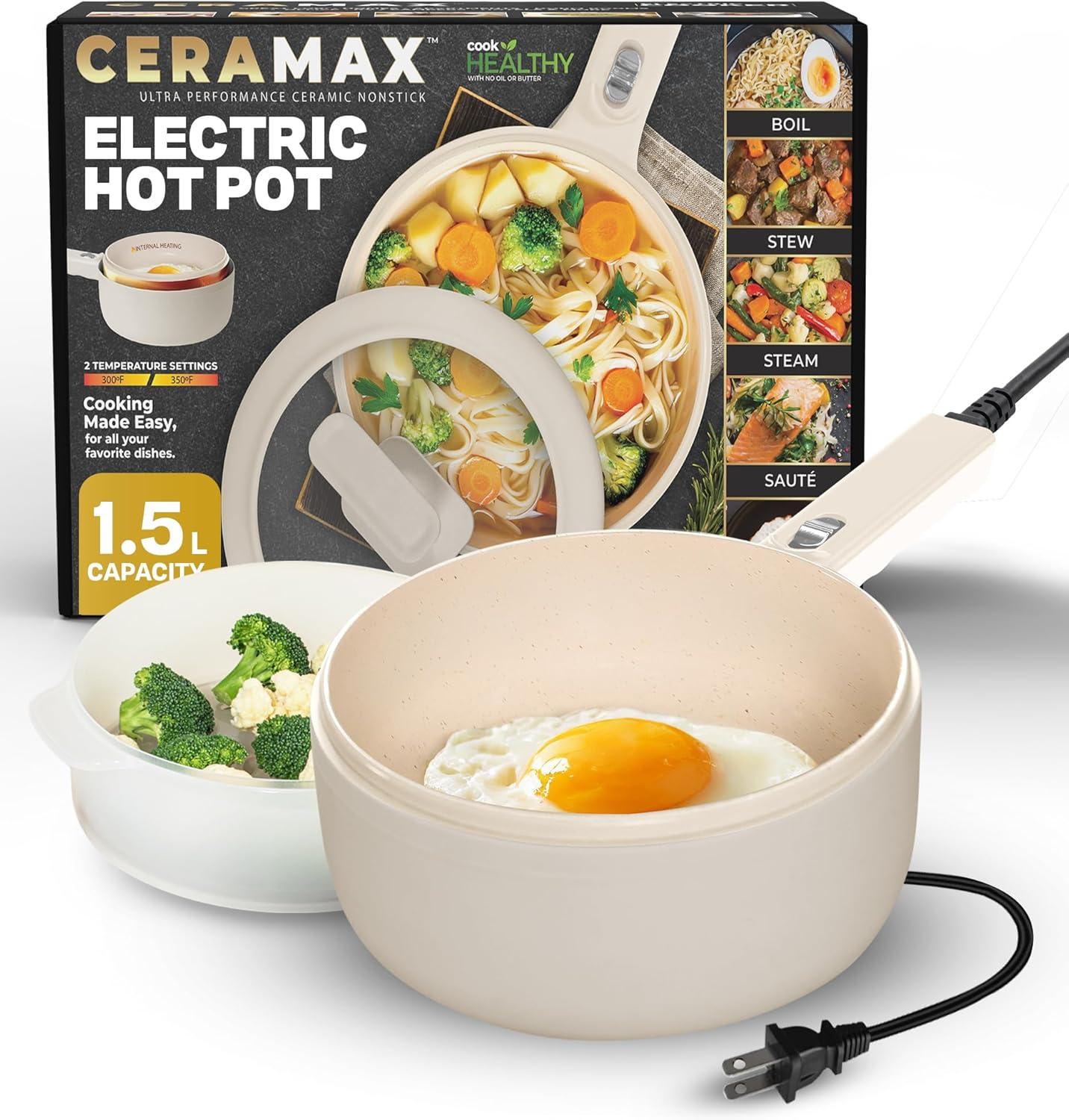 Ceramax Electric Hot Pot 1.5 Liters Nonstick Ceramic Skillet Pan Mini Cooker With Lid Steamer