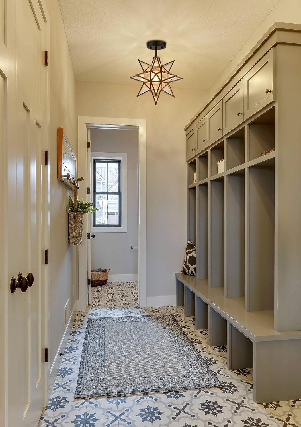 TANMAO  10-Inch Moravian Star Ceiling Light, Boho Moroccan Lamp with Seeded Glass Shade, Moravian Star Ceiling Light Modern Brass Flush Mount Lights for Office, Living Room, Dining Room, Kitchen