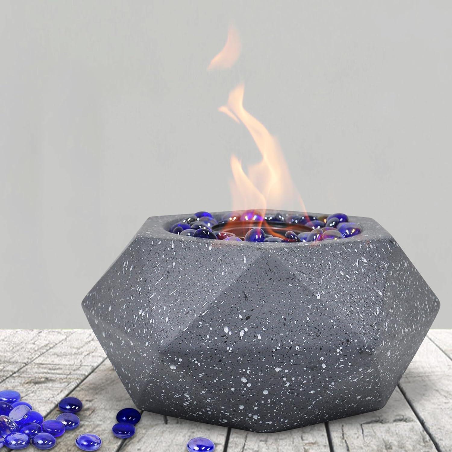 Gray Geometric Tabletop Fire Pit with Blue Stones