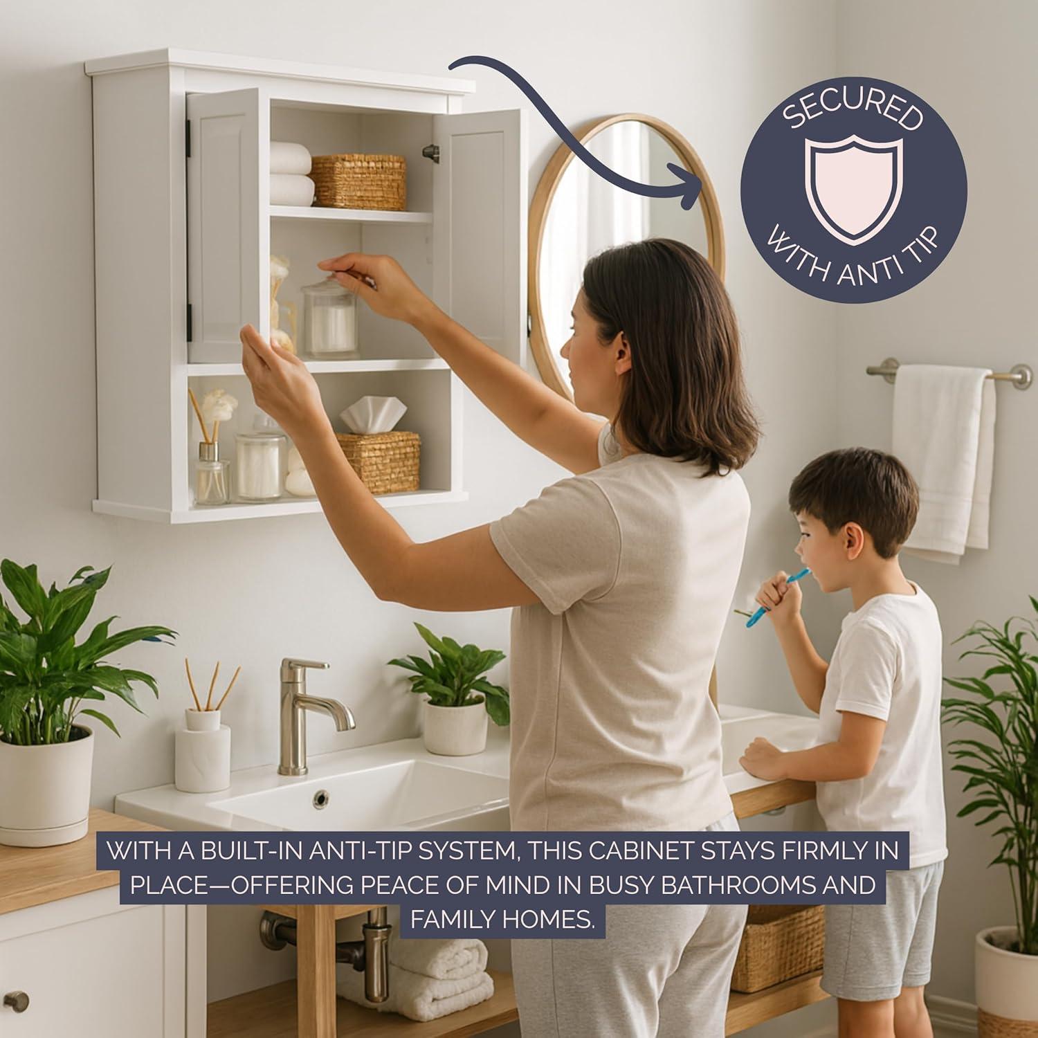 Dorset Wall Mounted Bath Storage Cabinet with Two Doors and Open Shelf White - Alaterre Furniture: Hardwood Medicine Cabinet, Adjustable Shelf