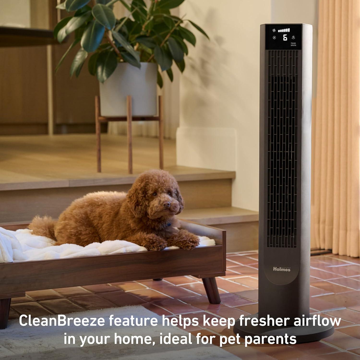 Holmes CleanBreeze 36” High 6-Speed Removable Grill Oscillating Digital Tower Fan with Remote, Black