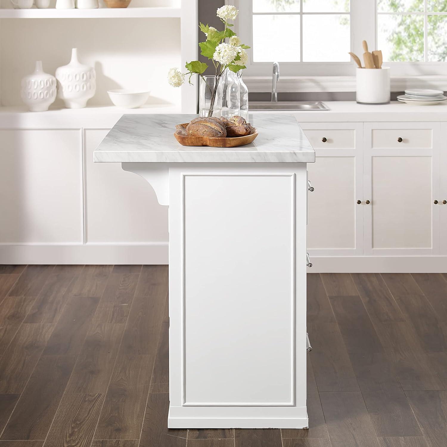 Crosley Cutler Faux Marble Top Kitchen Island White/White Marble: Traditional Style Cart with Adjustable Shelves, Storage