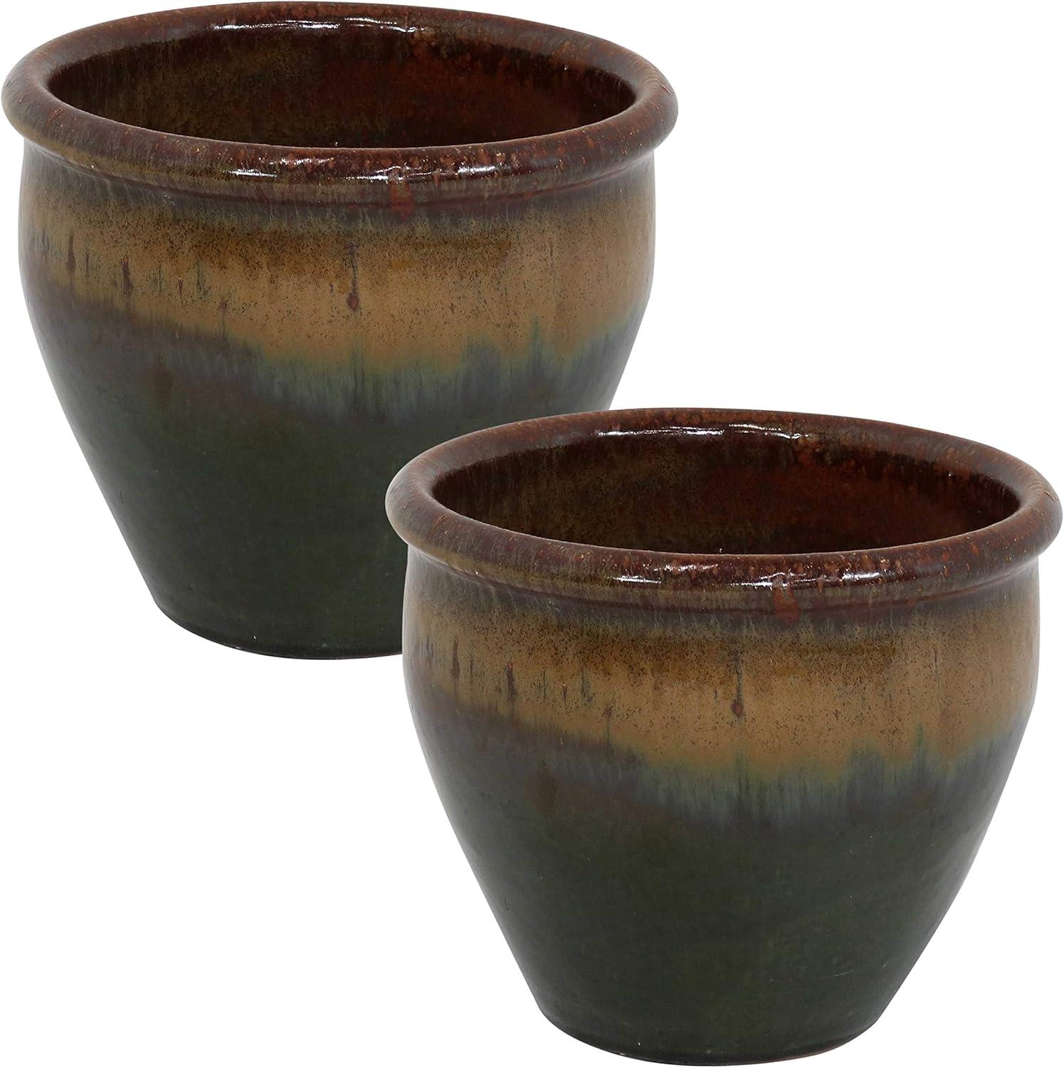 Sunnydaze Chalet Outdoor/Indoor High-Fired Glazed UV- and Frost-Resistant Ceramic Planters with Drainage Holes - 2-Pack