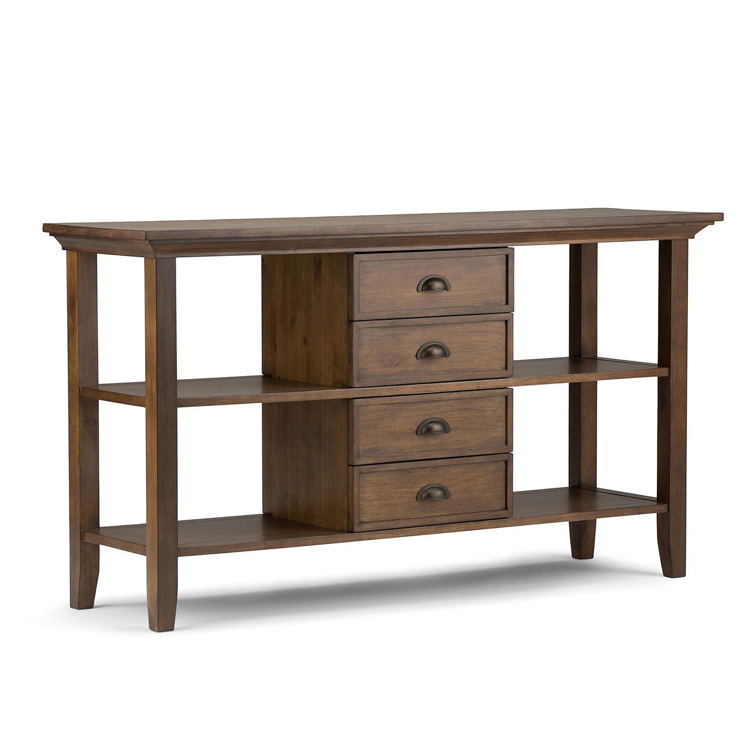 Simpli Home Redmond 54"W Solid Wood Storage Console Table with 4 Center Drawers and Open Shelves