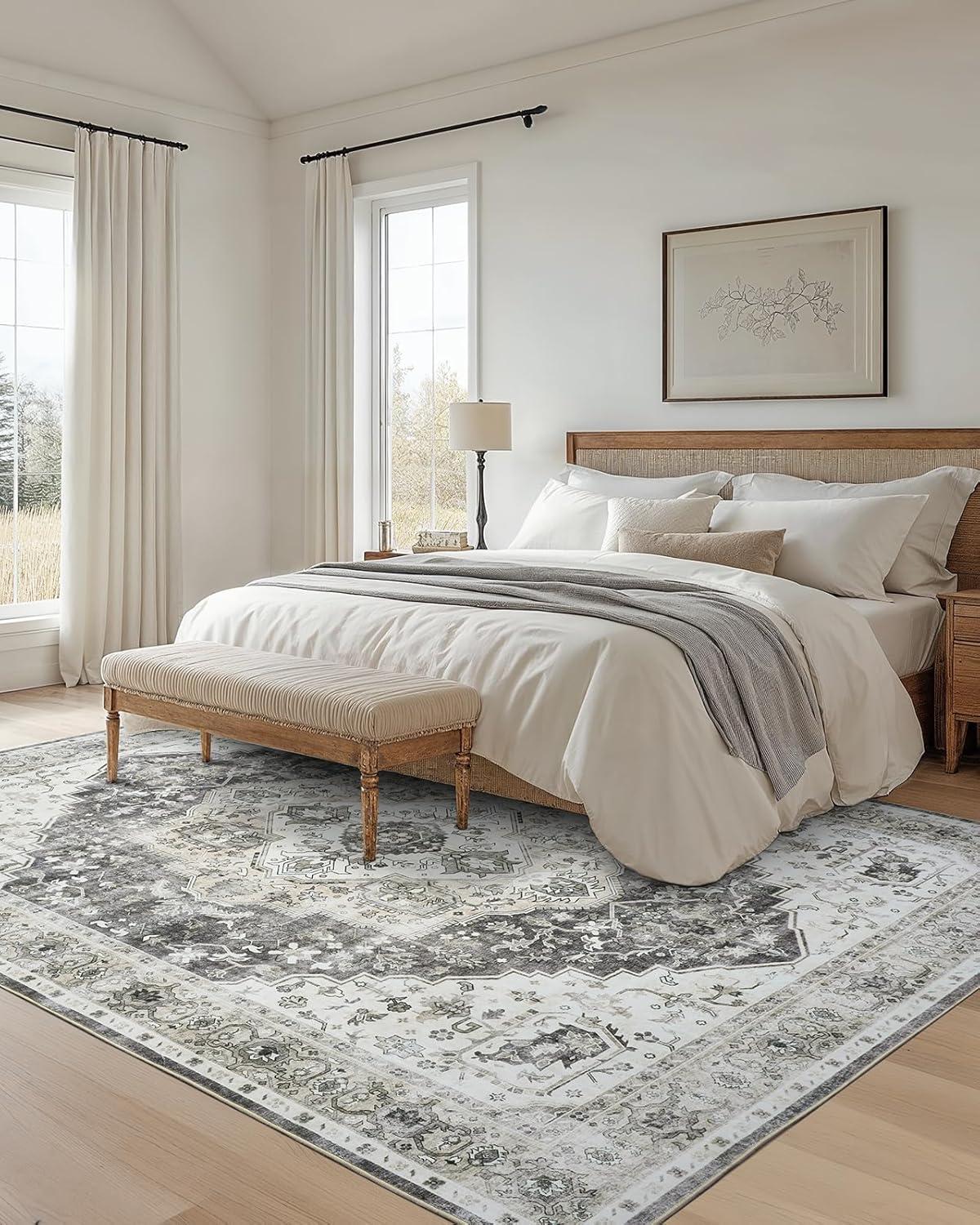 Garvee 9' x 12' Large Rug Vintage Persian Area Rugs Distressed Print Carpet Floral Pattern Rug No-Slip Low Pile Rug Living Room Bedroom Rug, Gray