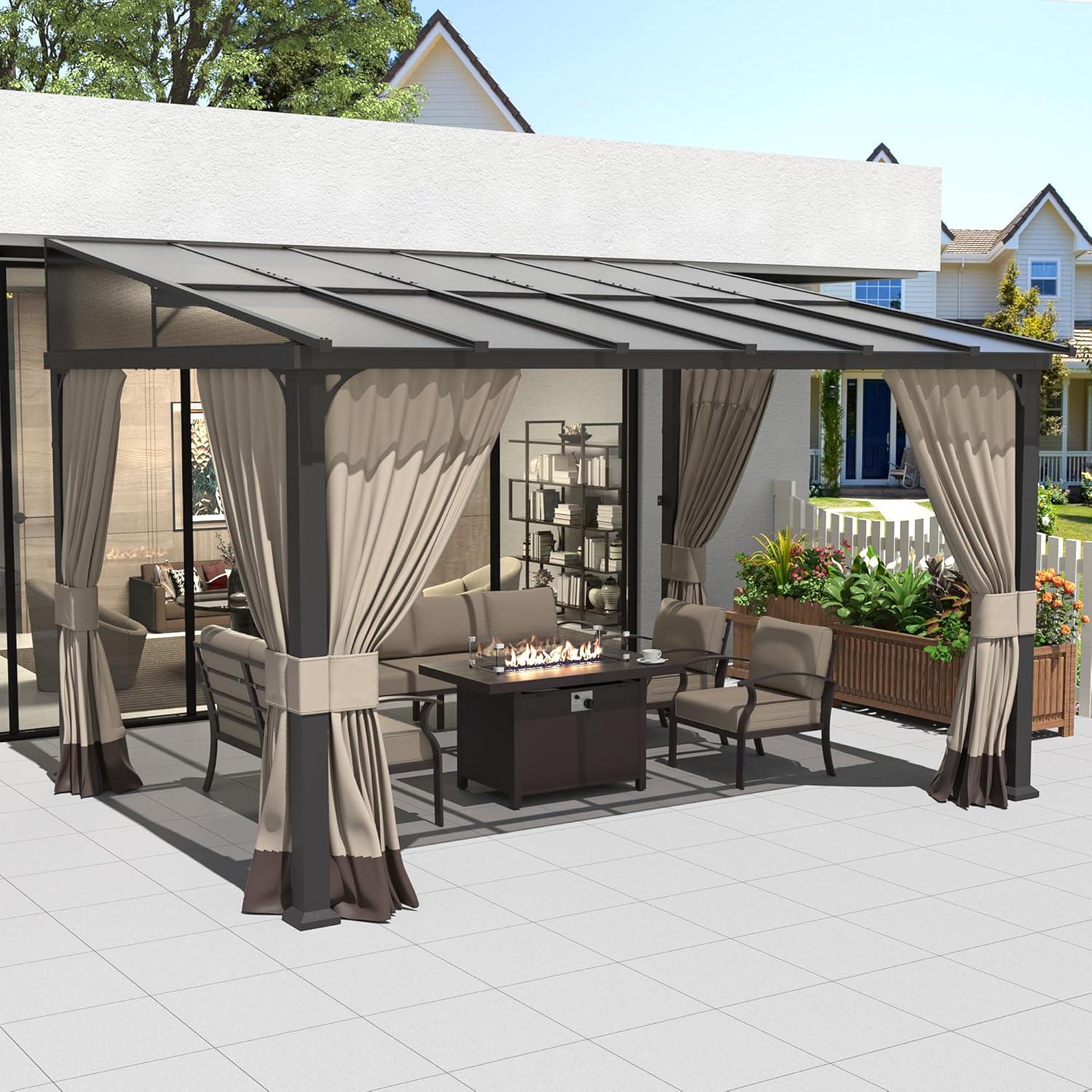 10 ft. x 12 ft. Brown Hardtop Wall Mounted Gazebo with Sloping Pitched Roof and Curtain Sand
