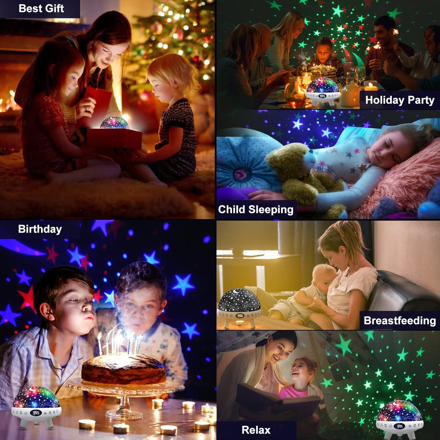 Night Light for Kids Girls Boys Star Projector White Noise Sound Machine Baby Sleep Soother Nursery Bedroom Children Bedside Lamp with Music Adapter Timer Remote Control