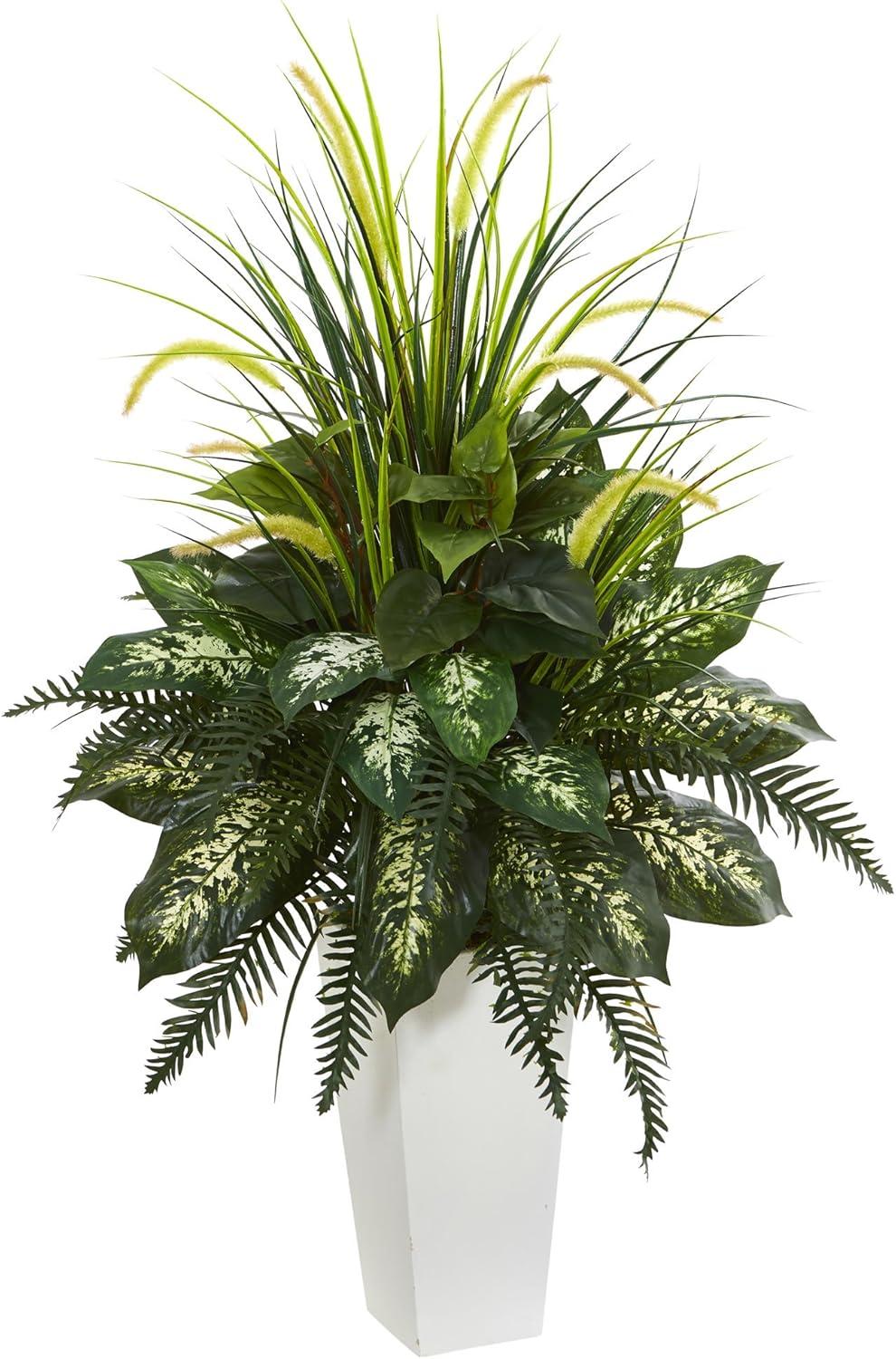 48" x 26" Artificial Mixed River Fern and Dogtail Plant in White Tower Planter - Nearly Natural: Indoor Faux Floor Plant