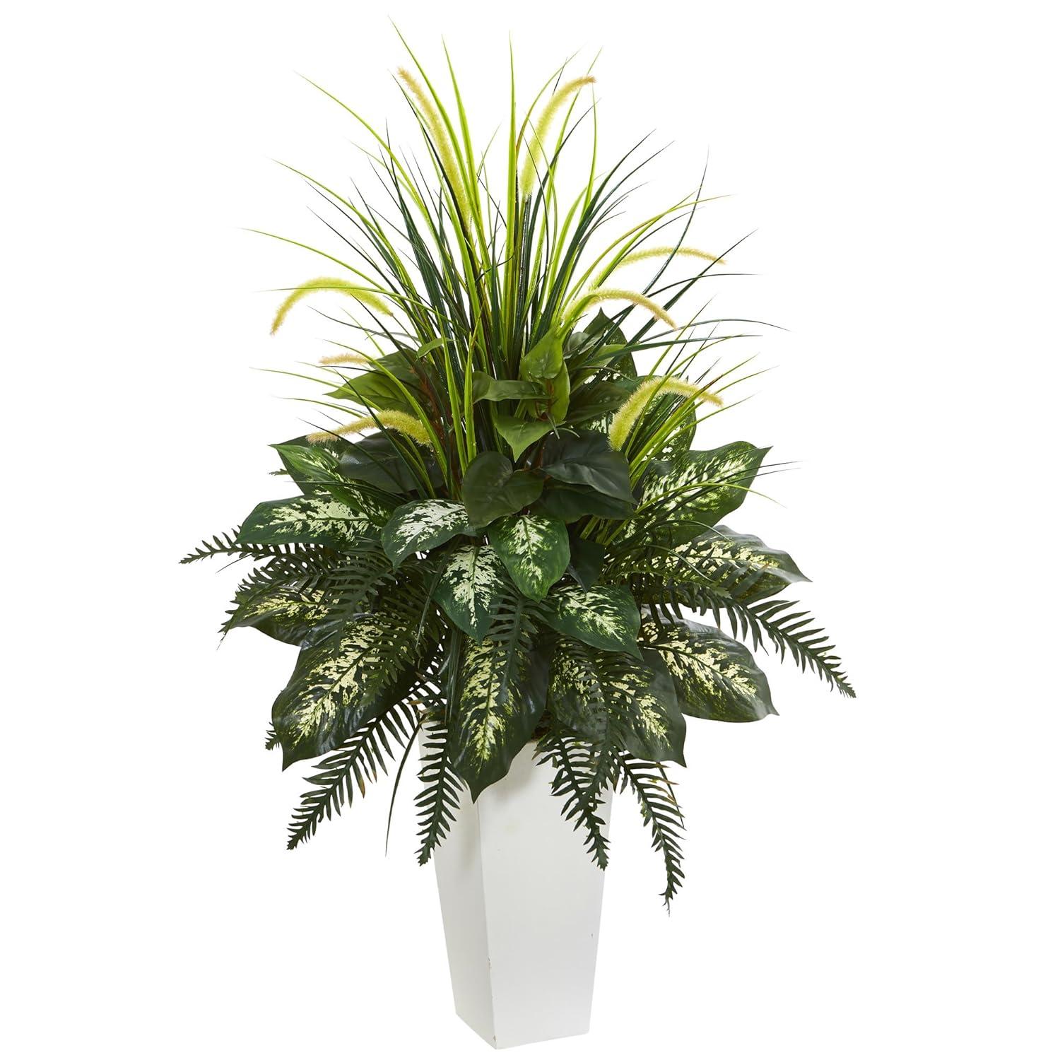 48" x 26" Artificial Mixed River Fern and Dogtail Plant in White Tower Planter - Nearly Natural: Indoor Faux Floor Plant