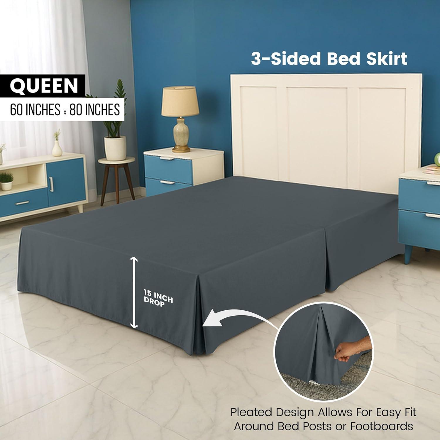 Queen Gray Microfiber Pleated Bed Skirt with 16 Inch Drop