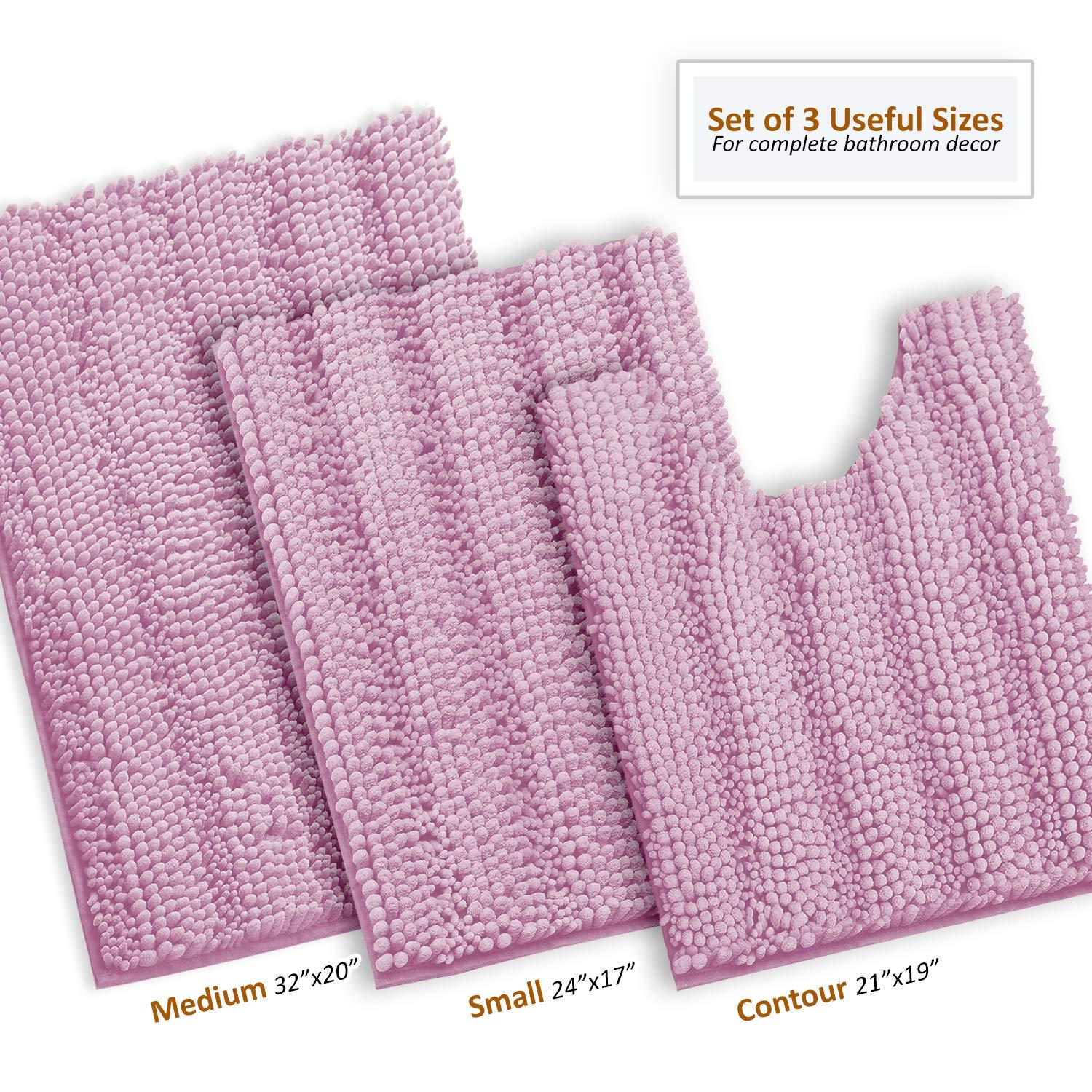 Hearth & Harbor 3 Piece Striped Bathroom Rug set, Ultra Soft Chenille Bathroom Rugs - Lilac