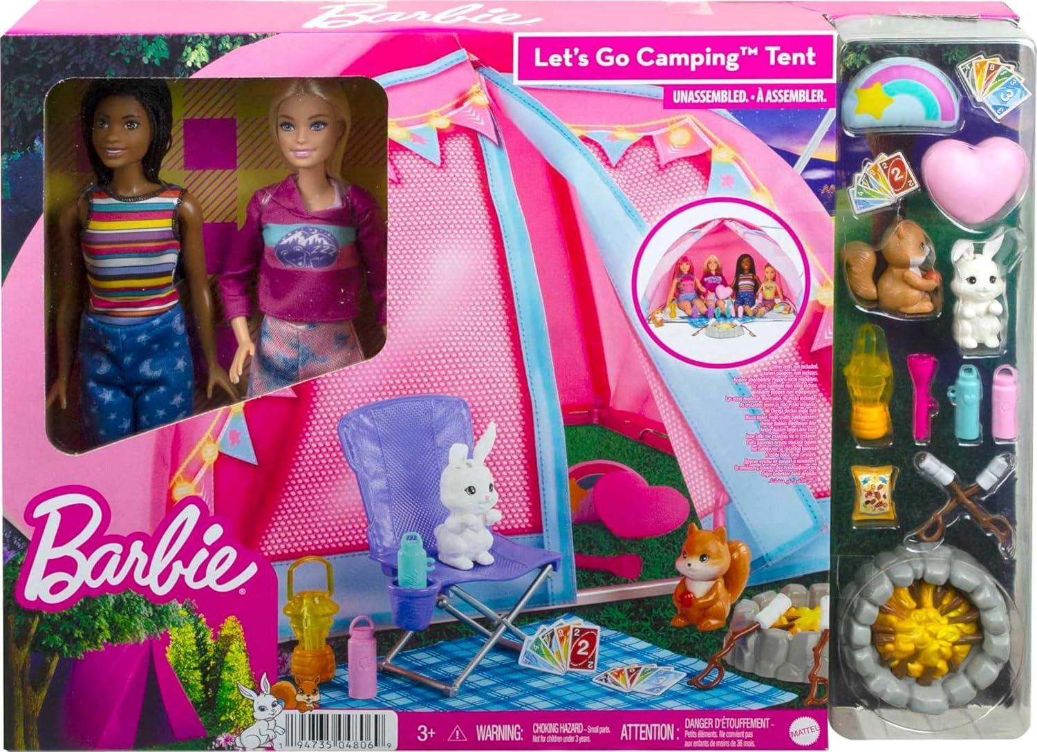 Barbie It Takes Two Let's Go Camping Tent Playset with Brooklyn & Malibu Dolls & 20 Accessories