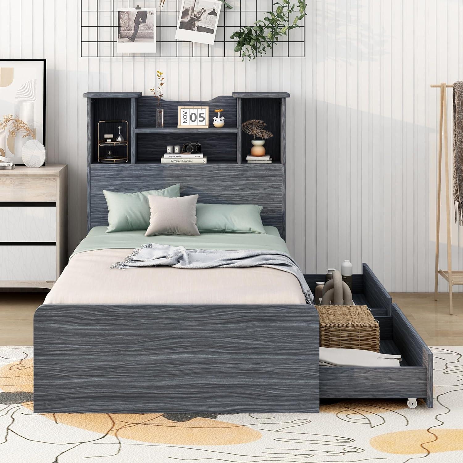 Harper & Bright Designs Twin Size Bed with Storage Headboard and Drawers, Solid Wood Twin Platform Bed Frame with 2 Drawers, 4 Shelves and LED Light, No Box Spring Needed - White