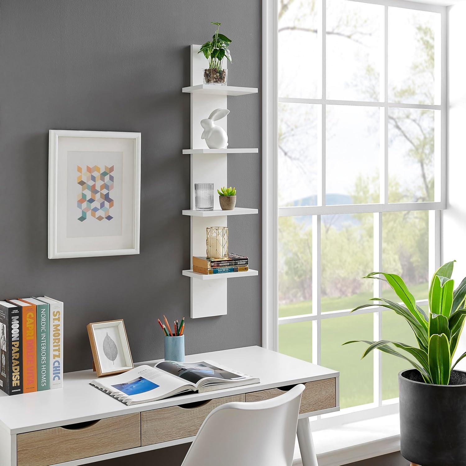 White 4-Tier Floating Wall Shelf with Wood Finish