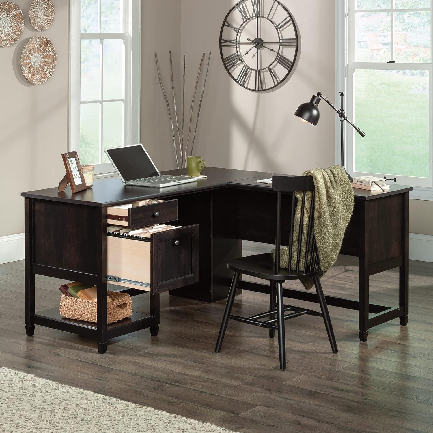 Edge Water2 Drawer L Shaped Desk Estate Black - Sauder: Executive Home Office Furniture with File Storage