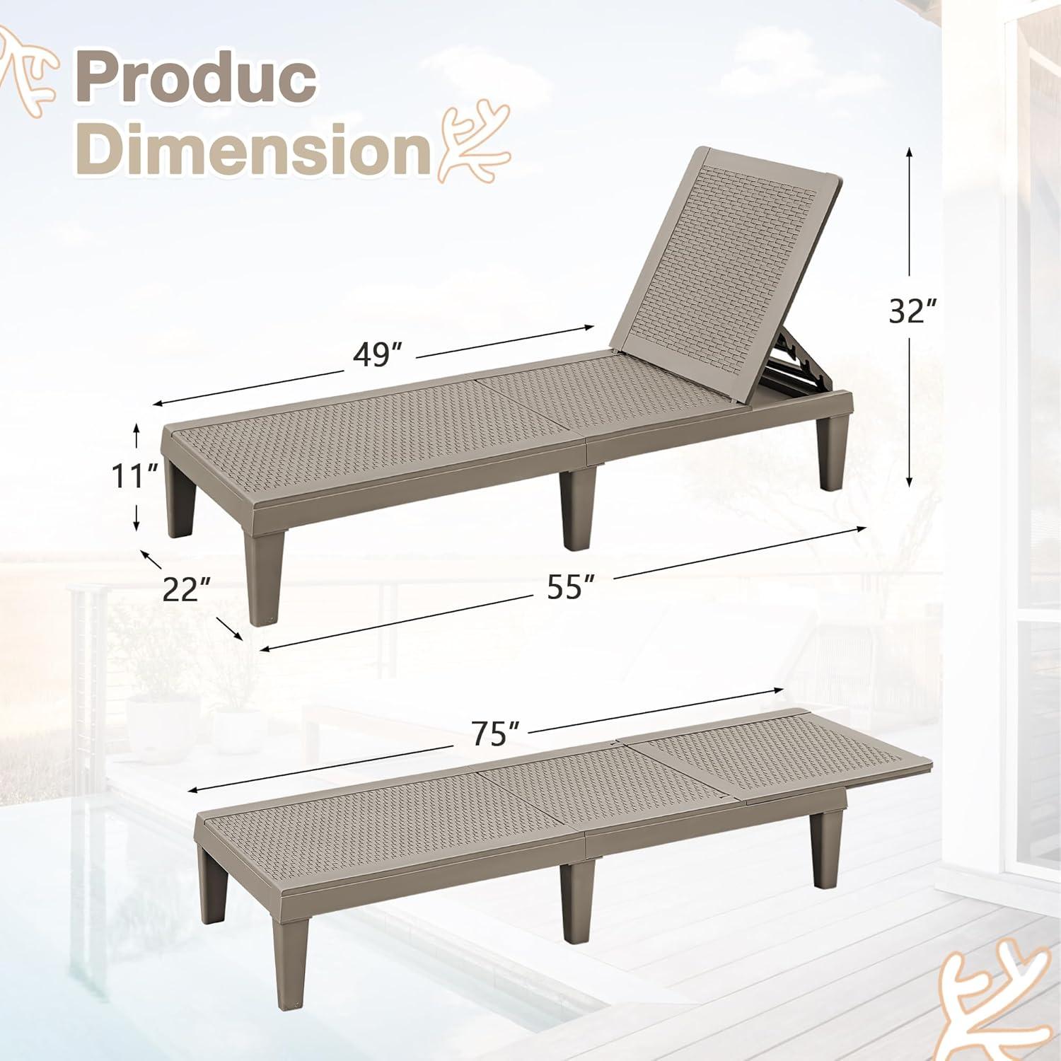 JUMMICO Patio Chaise Lounge Chair Set of 2 Outdoor PE Waterproof Adjustable Easy Assembly Lounge Chairs for Outside Pool Garden Deck Beach (Light Brown, Set of 2)