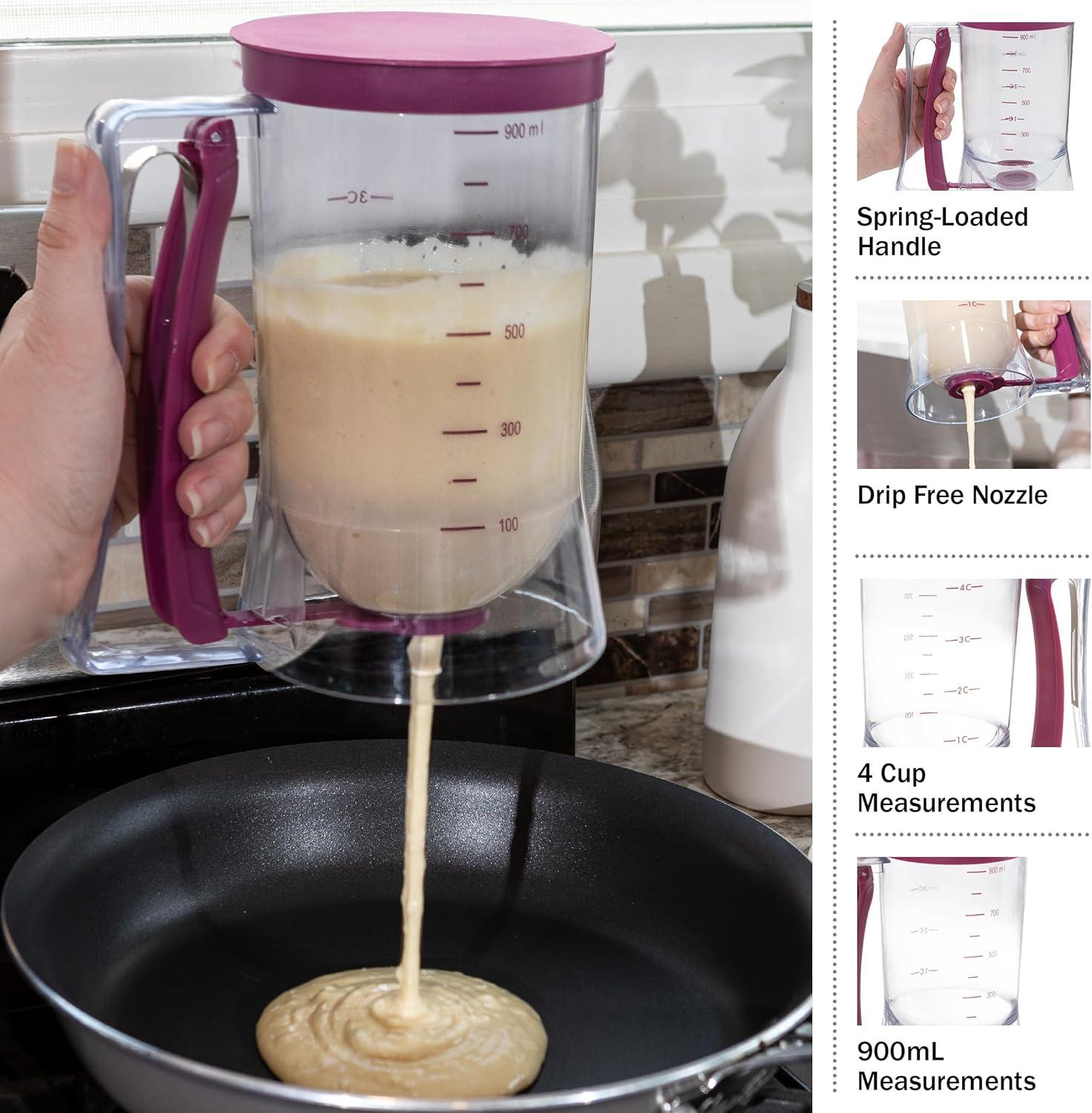 Purple 4-Cup Plastic Pancake Batter Dispenser with Squeeze Handle