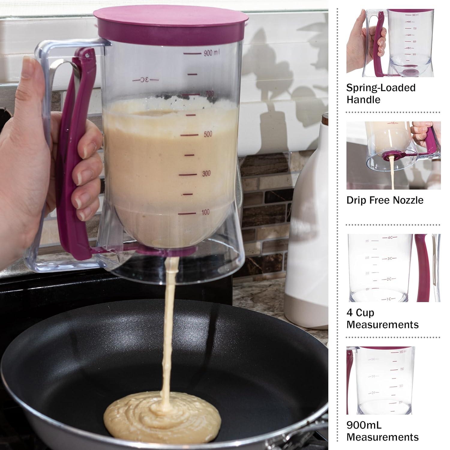 Chef Buddy Pancake Batter Dispenser - 4-Cup Batter Dispenser with Squeeze Handle for Pancakes, Waffles, Muffins, and Crepes - Baking Tools by Chef Buddy