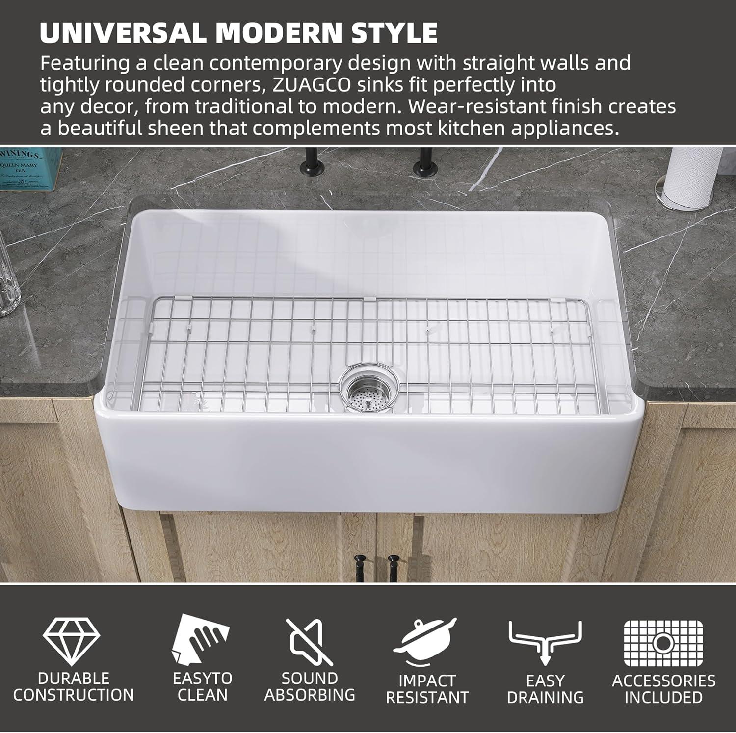 Small Farmhouse Sink 24 X18 White Fireclay Undermount Kitchen Sinks Deep Single Bowl Drop in Modern Apron Front Farm Sink For Kitchen with Protective Bottom Grid and Strainer