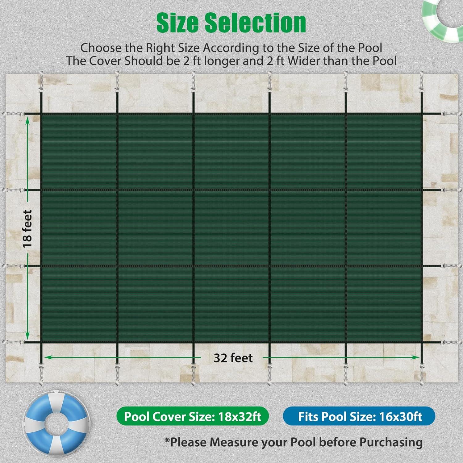 Green Rectangular Mesh In-Ground Pool Safety Cover 16x30 ft