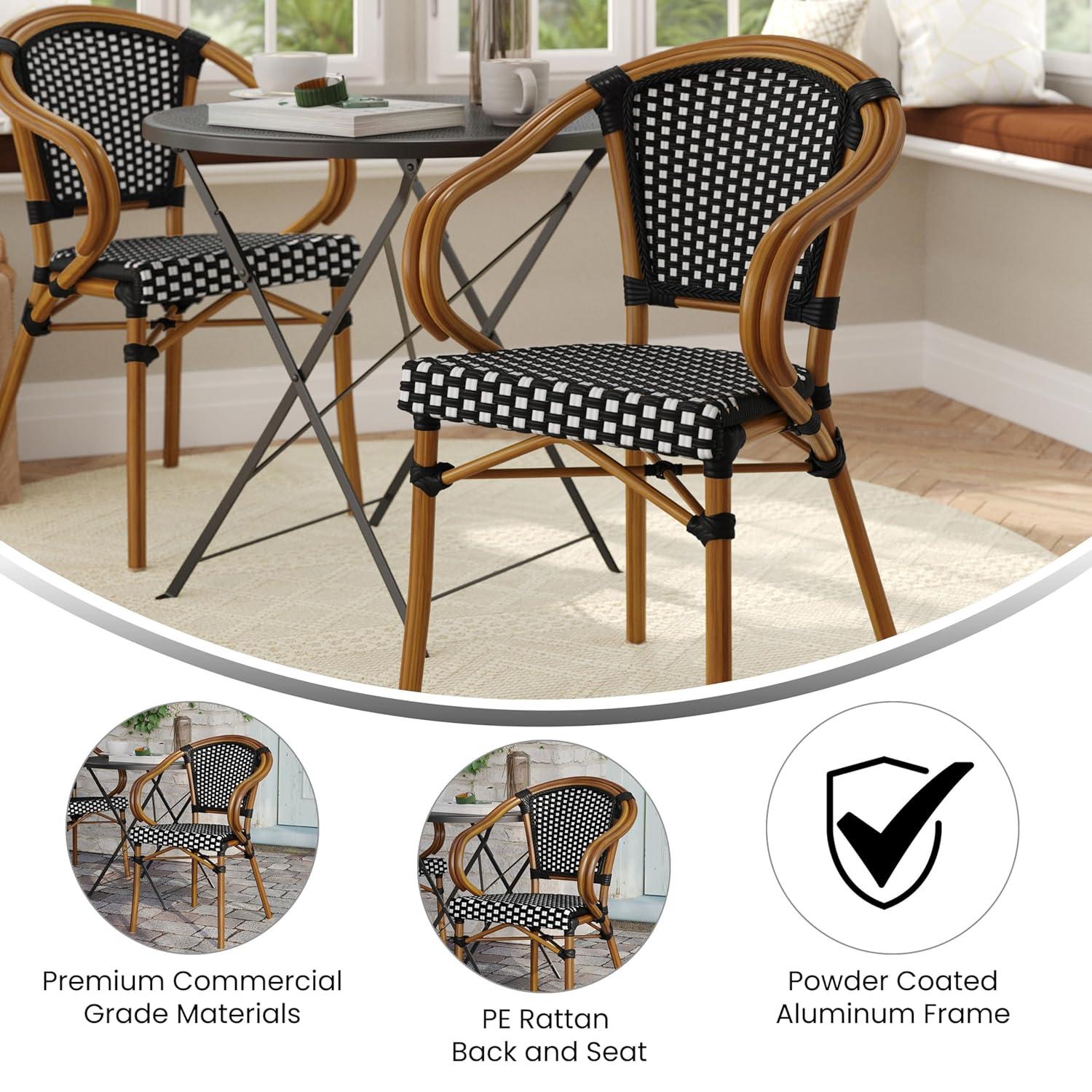 Emma & Oliver Soie Indoor/Outdoor Stacking Thonet Bistro Style Chair with Arms, Black & White PE Rattan Seat and Natural Bamboo Finished Metal Frame