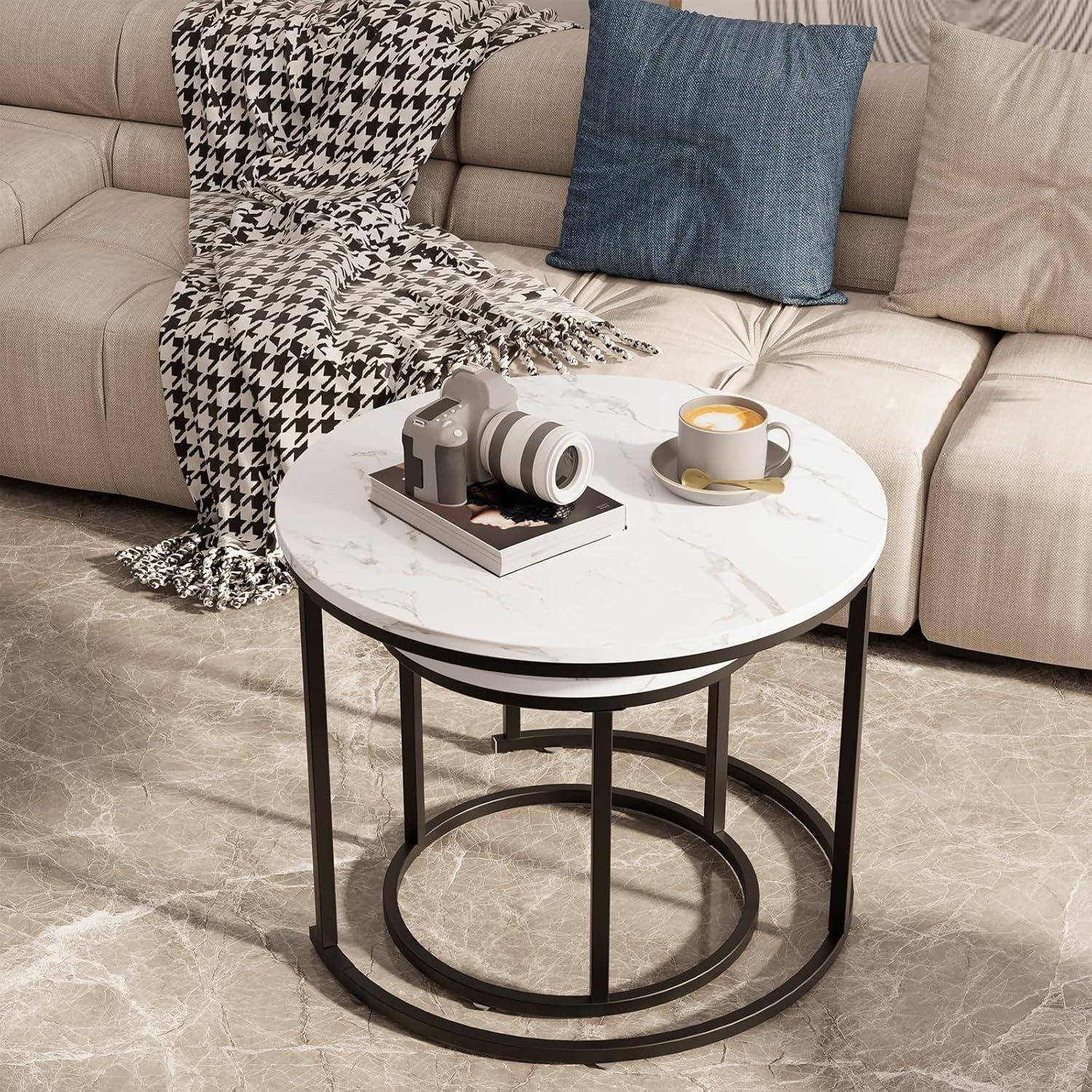 White Faux Marble and Black Metal Round Nesting Coffee Table Set