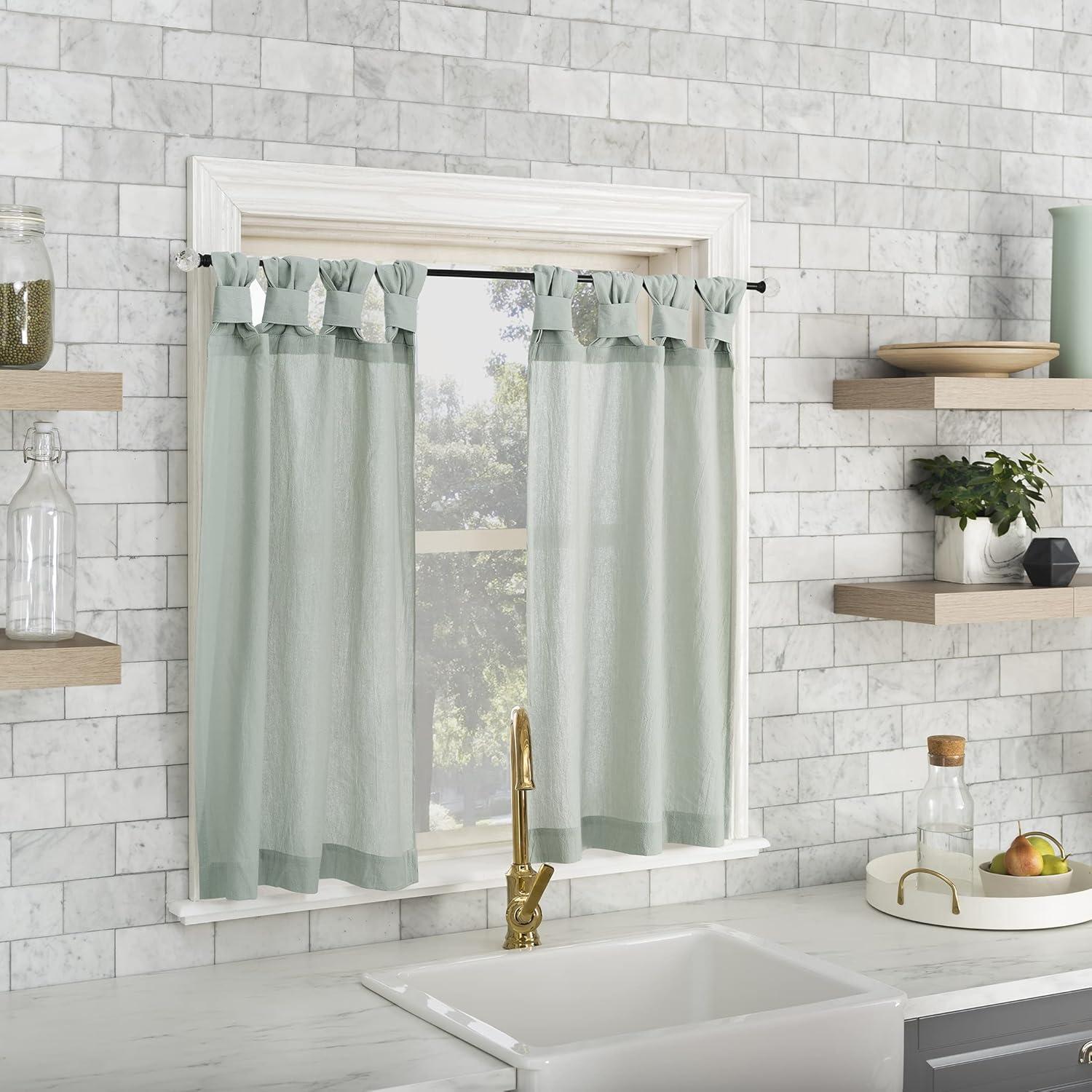 2pc 52"x45" Archaeo Washed Cotton Twist Tab Cafe Curtain Tier Pair Seafoam Green: Kitchen Curtains 45 Inches Long