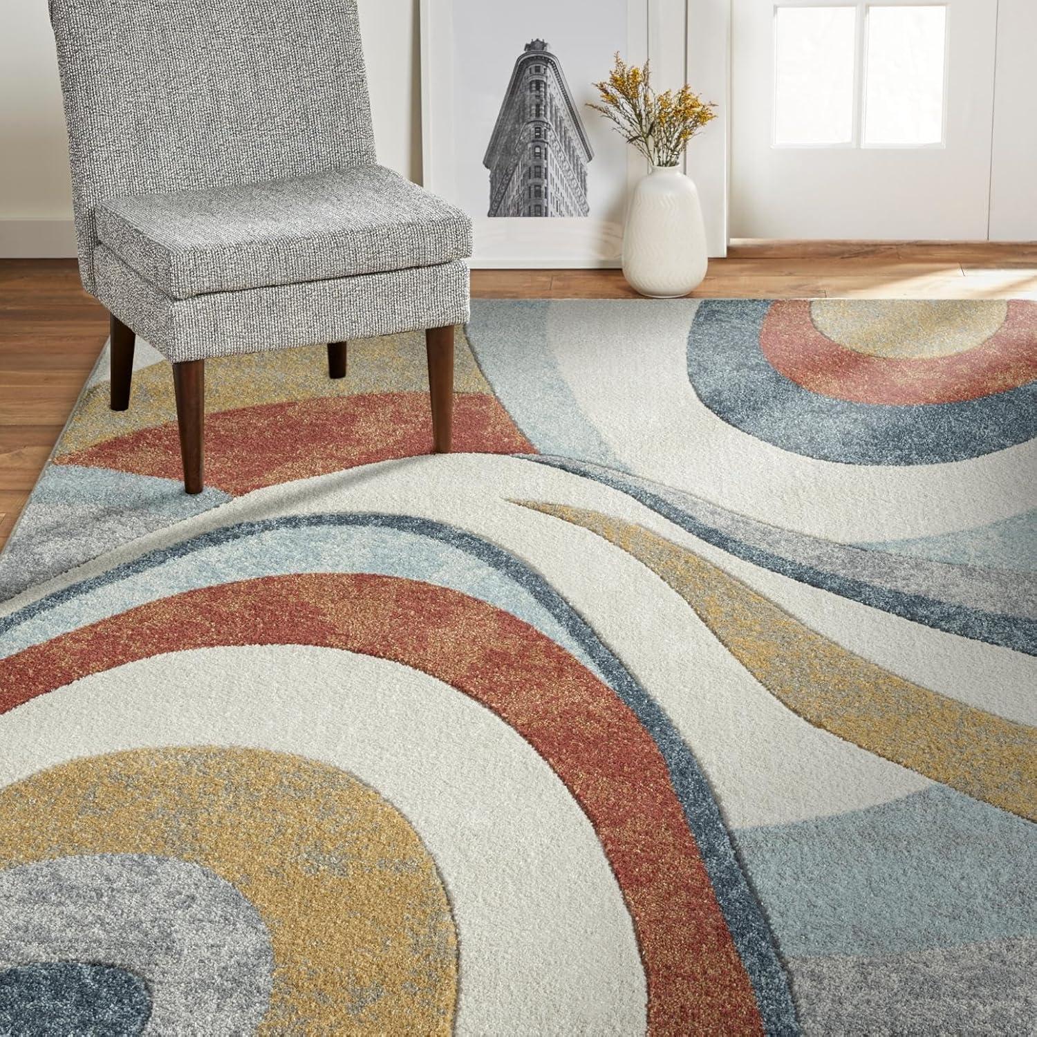 Blue and Rust Abstract Swirl 5'2" x 7'2" Area Rug