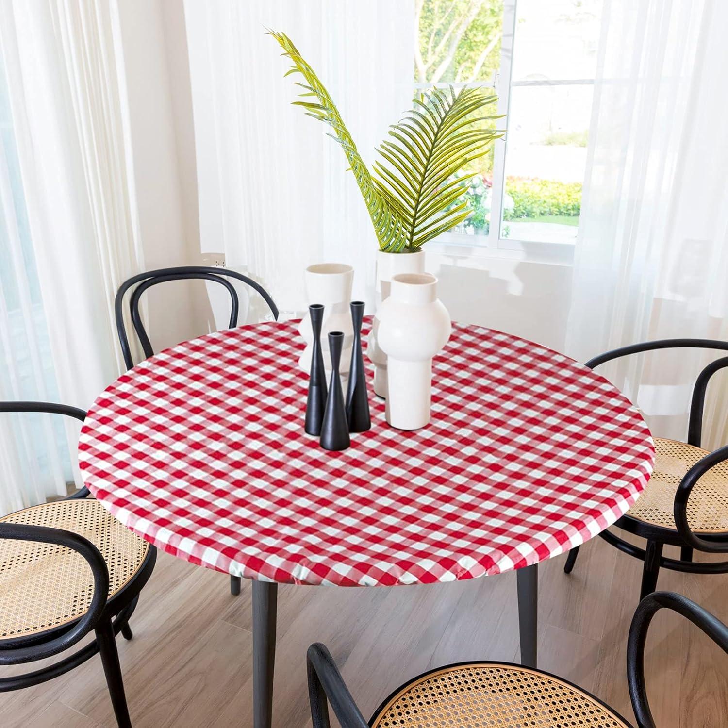 Round Tablecloth -Fitted with Elastic, Vinyl with Flannel Back, 36” Red Checked Design,- By Sorfey