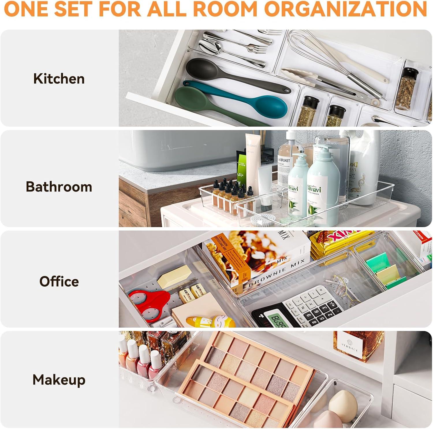 ihomecooker 3 Pack Clear Plastic Drawer Organizer Tray Cutlery Utensil Makeups Drawer Silverware Organizers 12" X 6"… (6P(6X6+6X9+6X15))