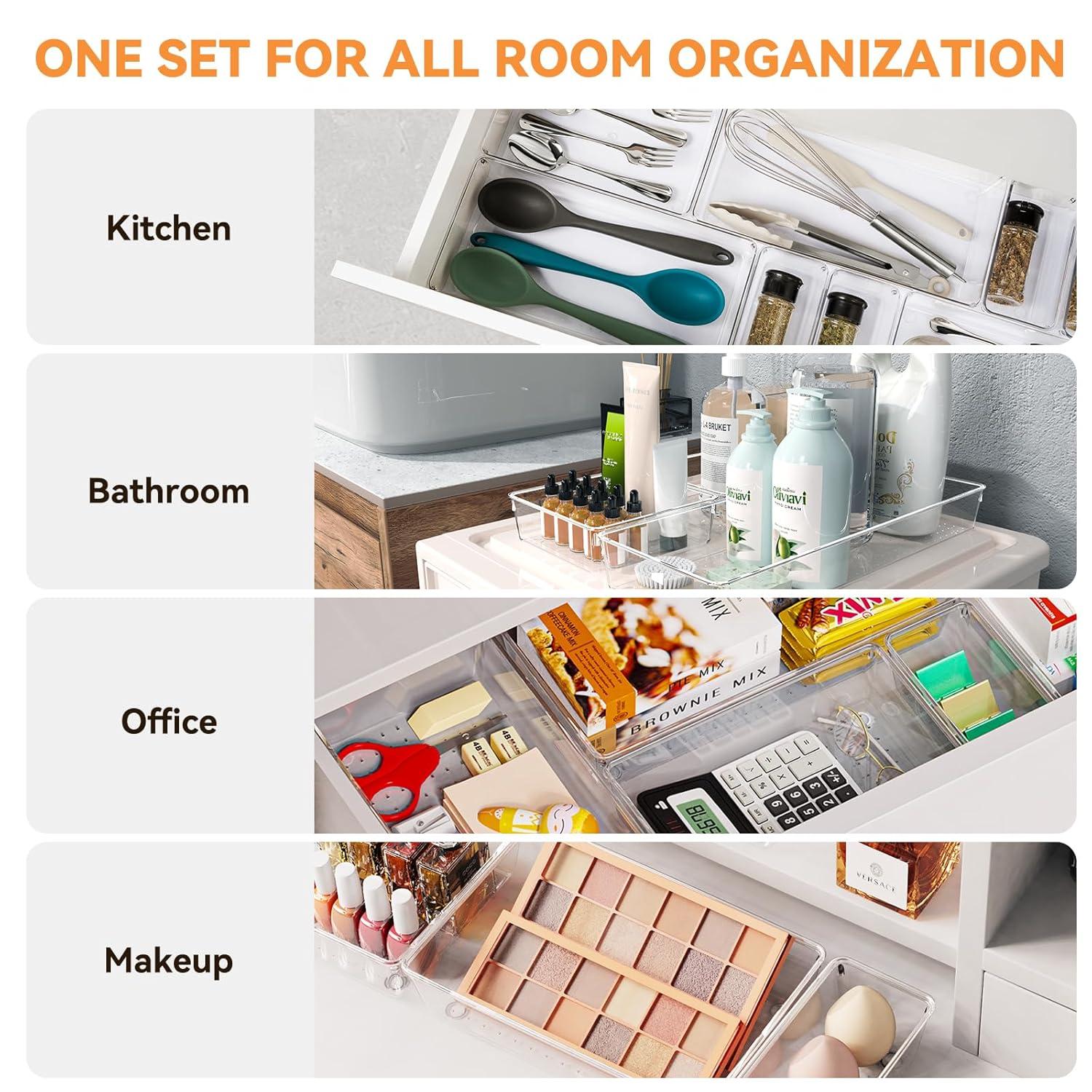 ihomecooker 3 Pack Clear Plastic Drawer Organizer Tray Cutlery Utensil Makeups Drawer Silverware Organizers 12" X 6"… (6P(6X6+6X9+6X15))