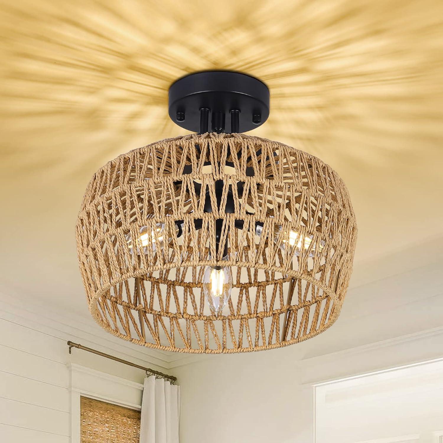 ACE-LIGHTS,3-Lights Semi Flush Mount Boho Chandelier Ceiling Light,Rattan Light Fixture Ceiling Mount with Handmade Wicker Lampshade for Bedroom,Living Room,Hallway,Kitchen(Brown)