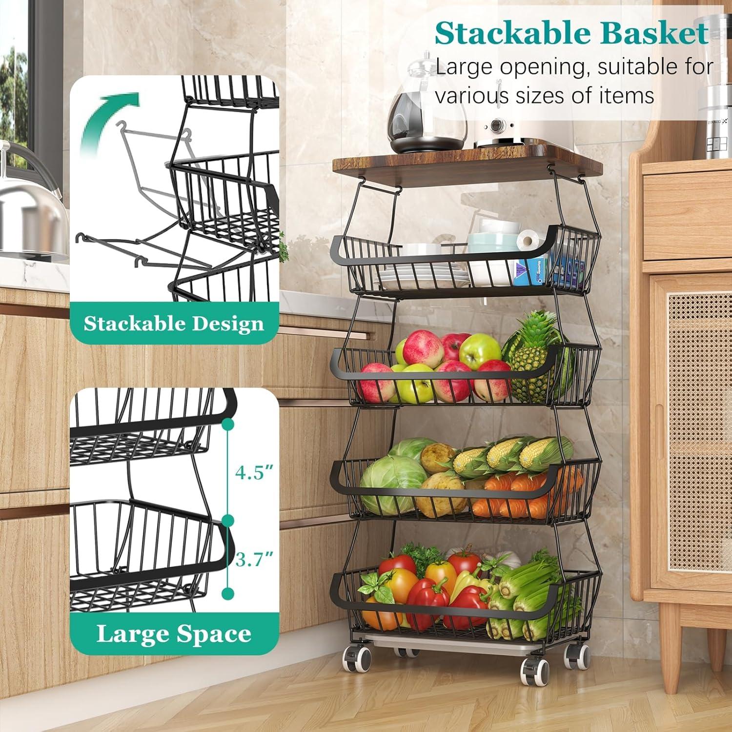 HYYYYH 5 Tier Fruit Vegetable Storage Baskets with Wood Stackable Storage Baskets Produce Storage Bins for Kitchen, Bathroom, Pantry