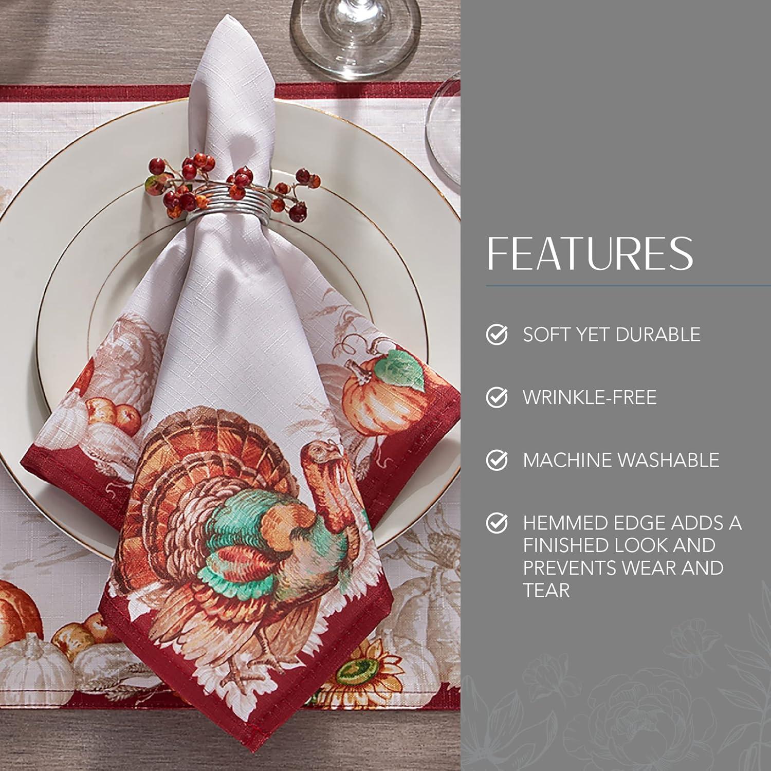 Holiday Turkey Bordered Fall Napkins, Set of 8 - 17" x 17" - White/Red - Elrene Home Fashions