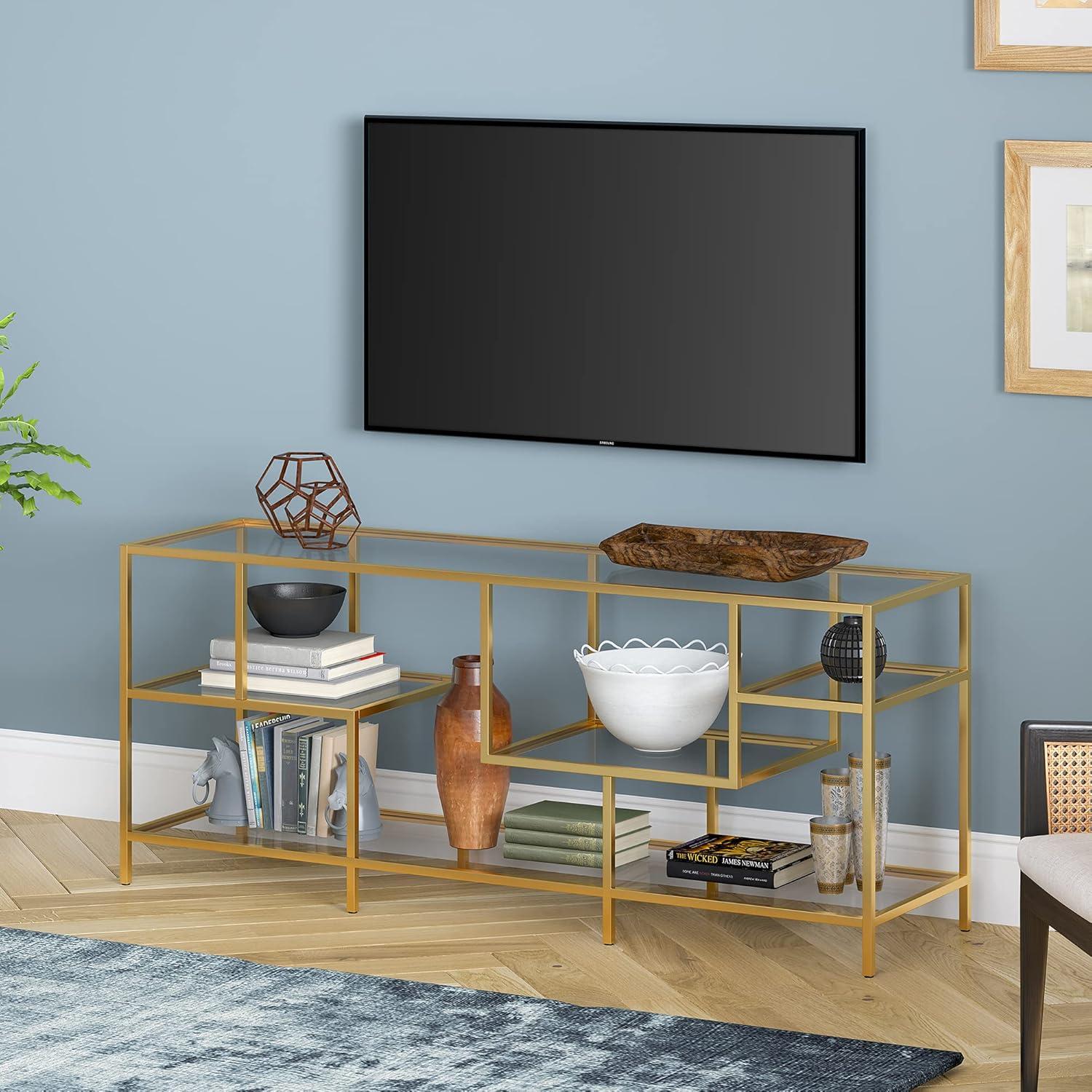 Evelyn&Zoe Deveraux Rectangular TV Stand with Glass Shelves for TV's up to 65", Brass