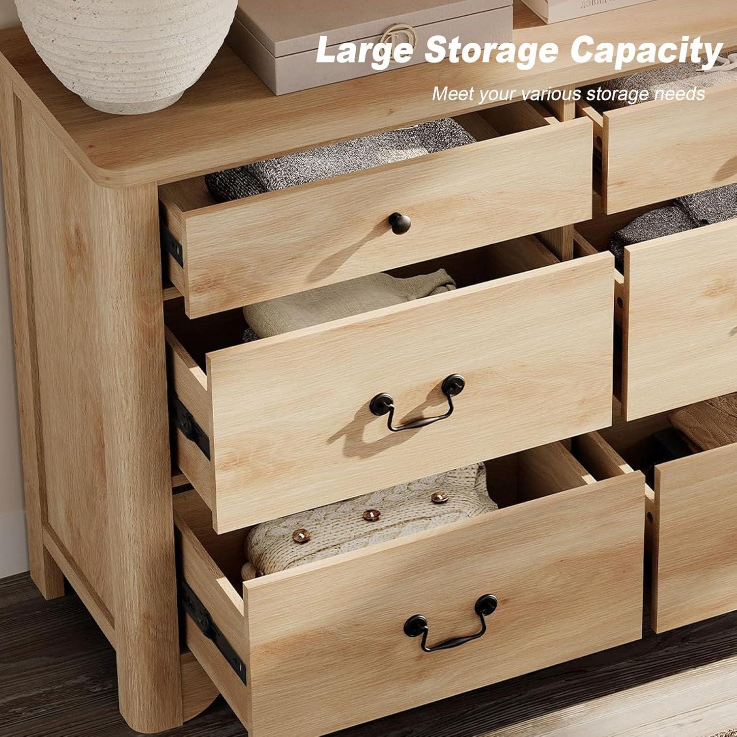 WAMPAT 3 Piece Dresser and Nightstand Sets, Farmhouse Dresser & Chest of Drawers with 6 Drawers & Metal Handle, Set of 2 Nightstands End Table with Charging Staion, 3 Piece Bedroom Set, Oak