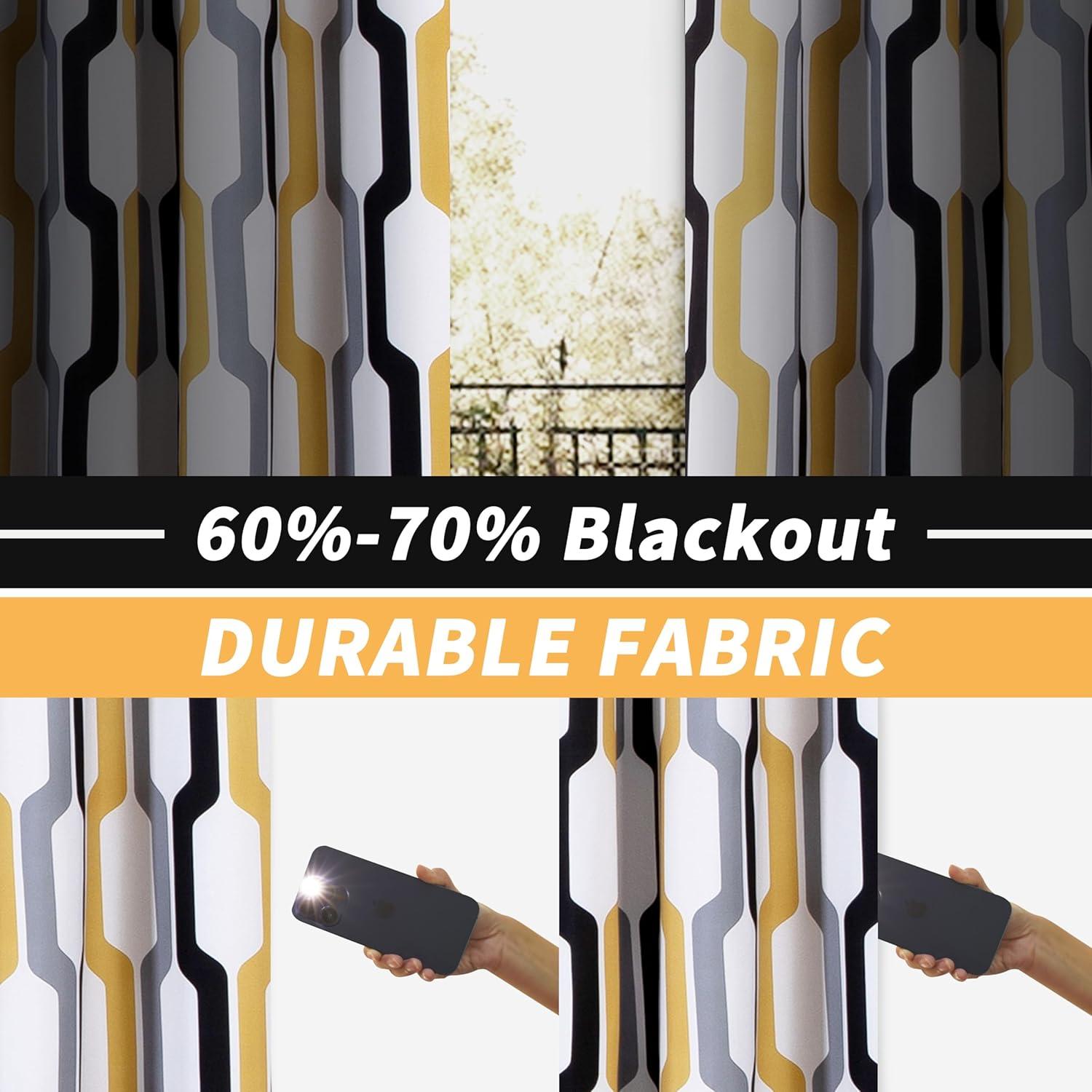 Gold White Geometric Blackout Grommet Curtains, 84 Inch, 2 Panels